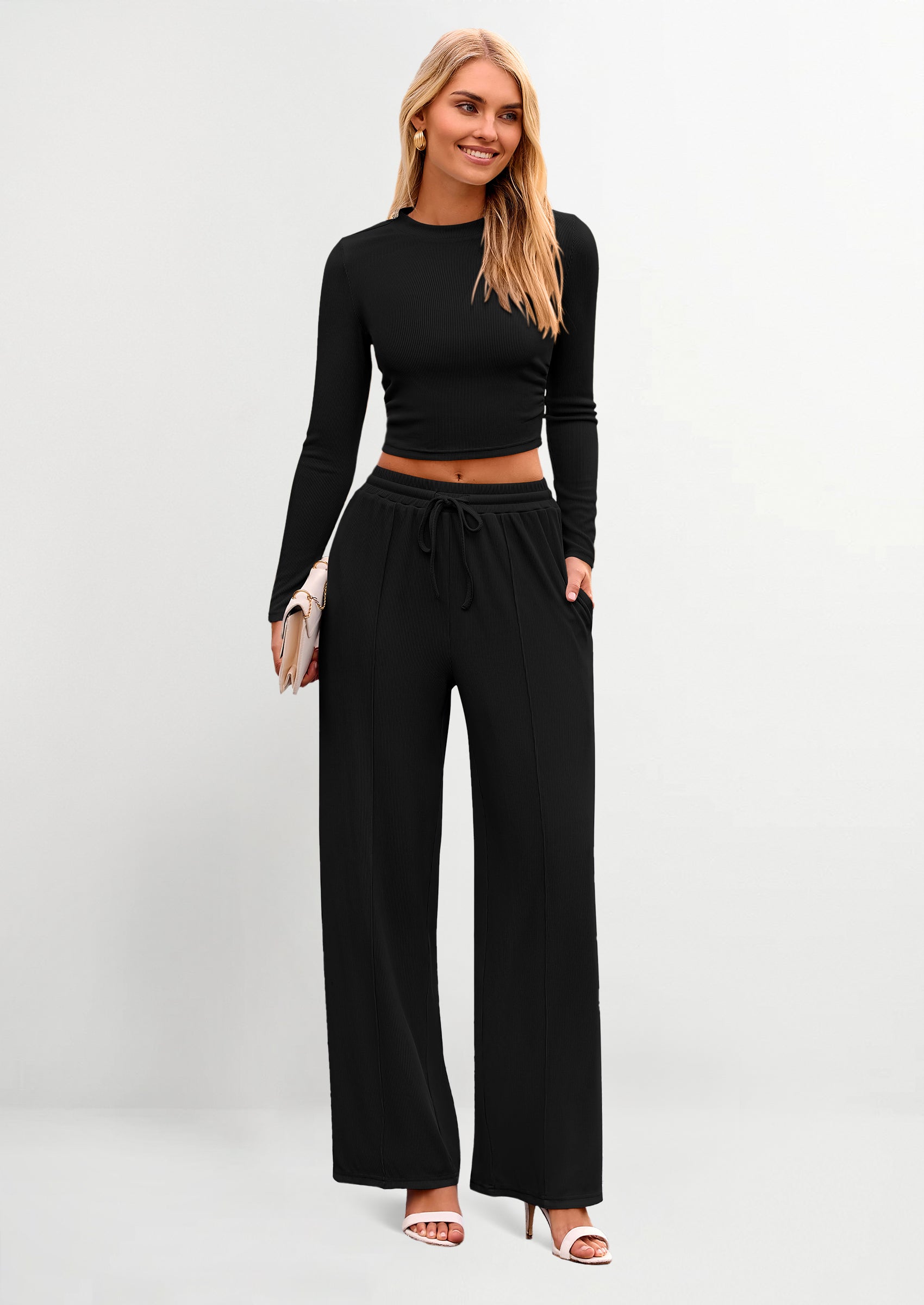 Women's 2 Piece Loungewear Long Sleeve Crop Top Wide Leg Palazzo Pants Set Tracksuits Casual Outfit