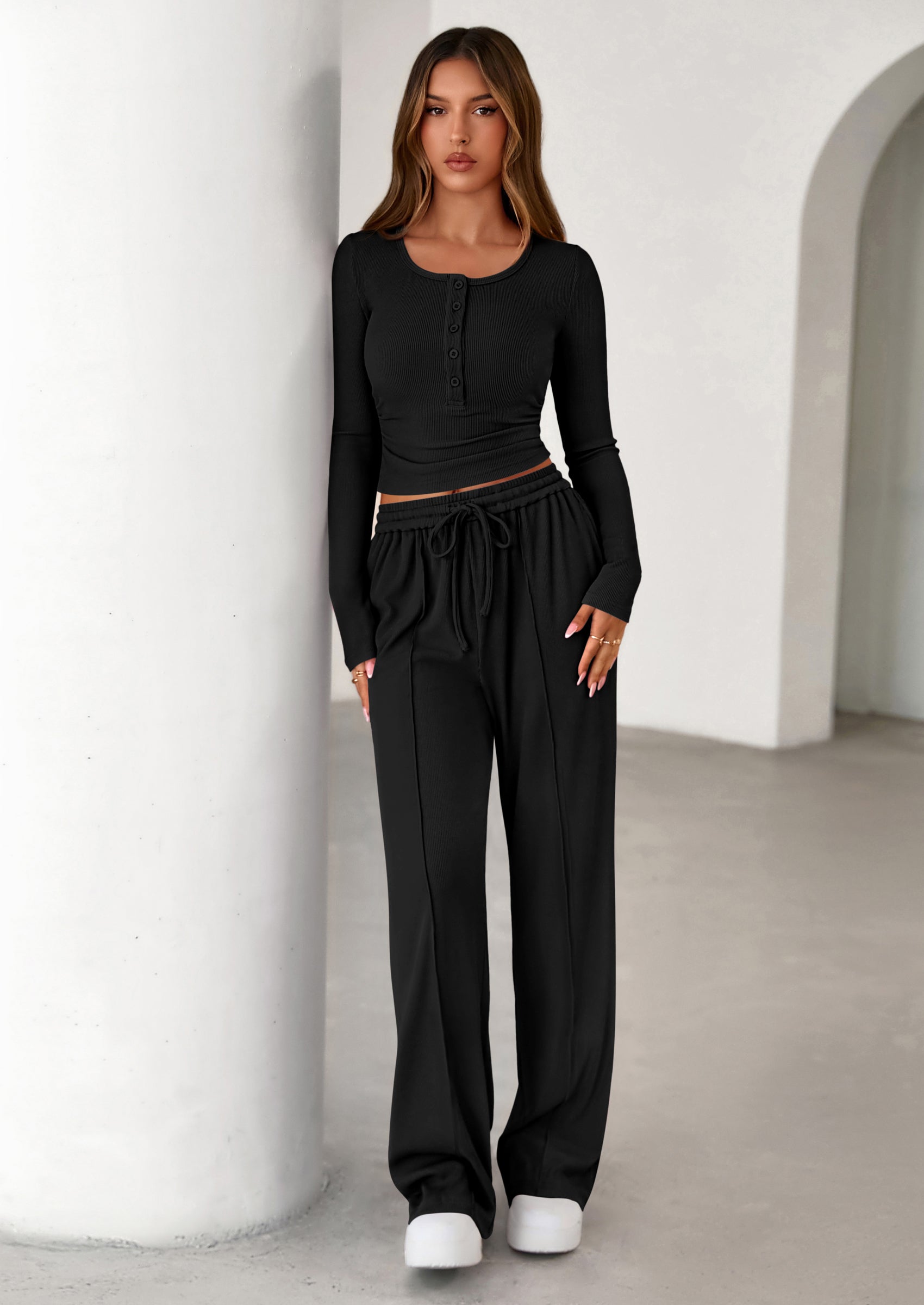 Women's Fall Trendy 2 Piece Outfits Lounge Sets Long Sleeve Top Henley Shirts Wide Leg Pants Travel Clothes