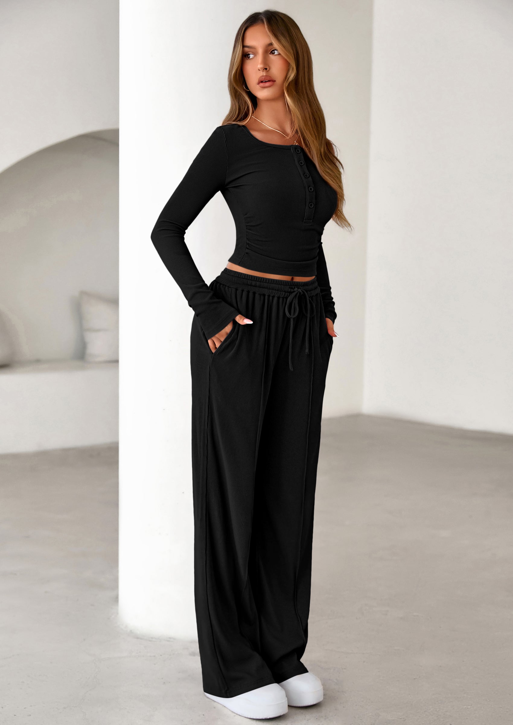 Women's Fall Trendy 2 Piece Outfits Lounge Sets Long Sleeve Top Henley Shirts Wide Leg Pants Travel Clothes