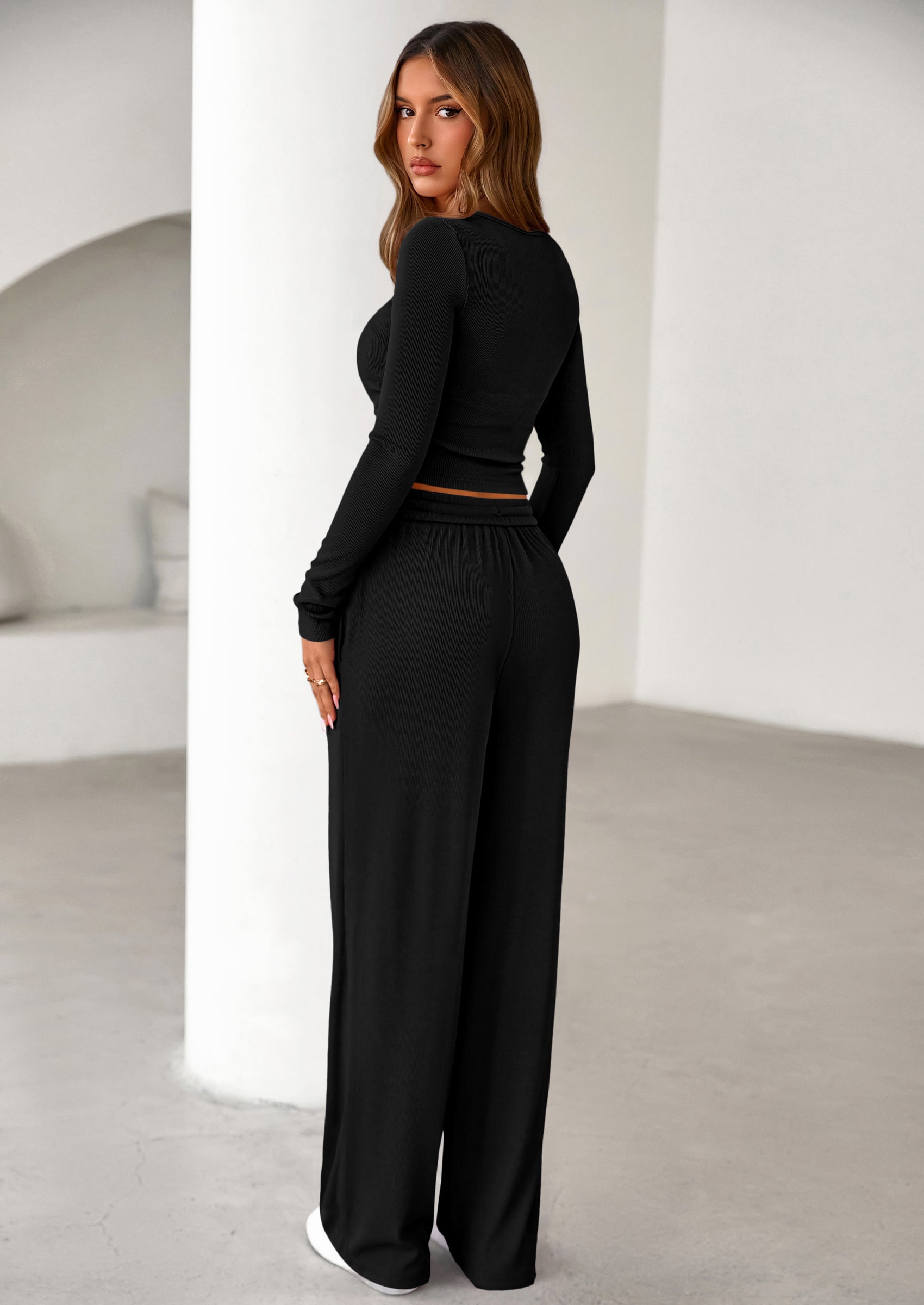 Women's Fall Trendy 2 Piece Outfits Lounge Sets Long Sleeve Top Henley Shirts Wide Leg Pants Travel Clothes