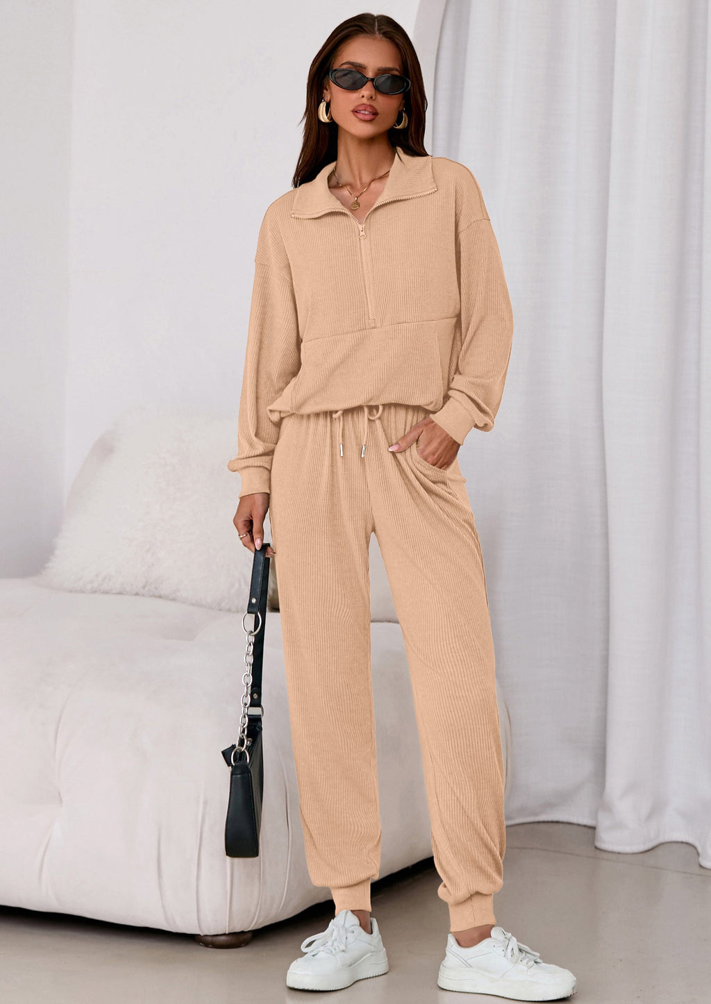 Women's Fall 2 Piece Lounge Sets Zip Up Sweatshirt Jogger Pants Sweat Track Suits Travel Outfit Winter Clothing