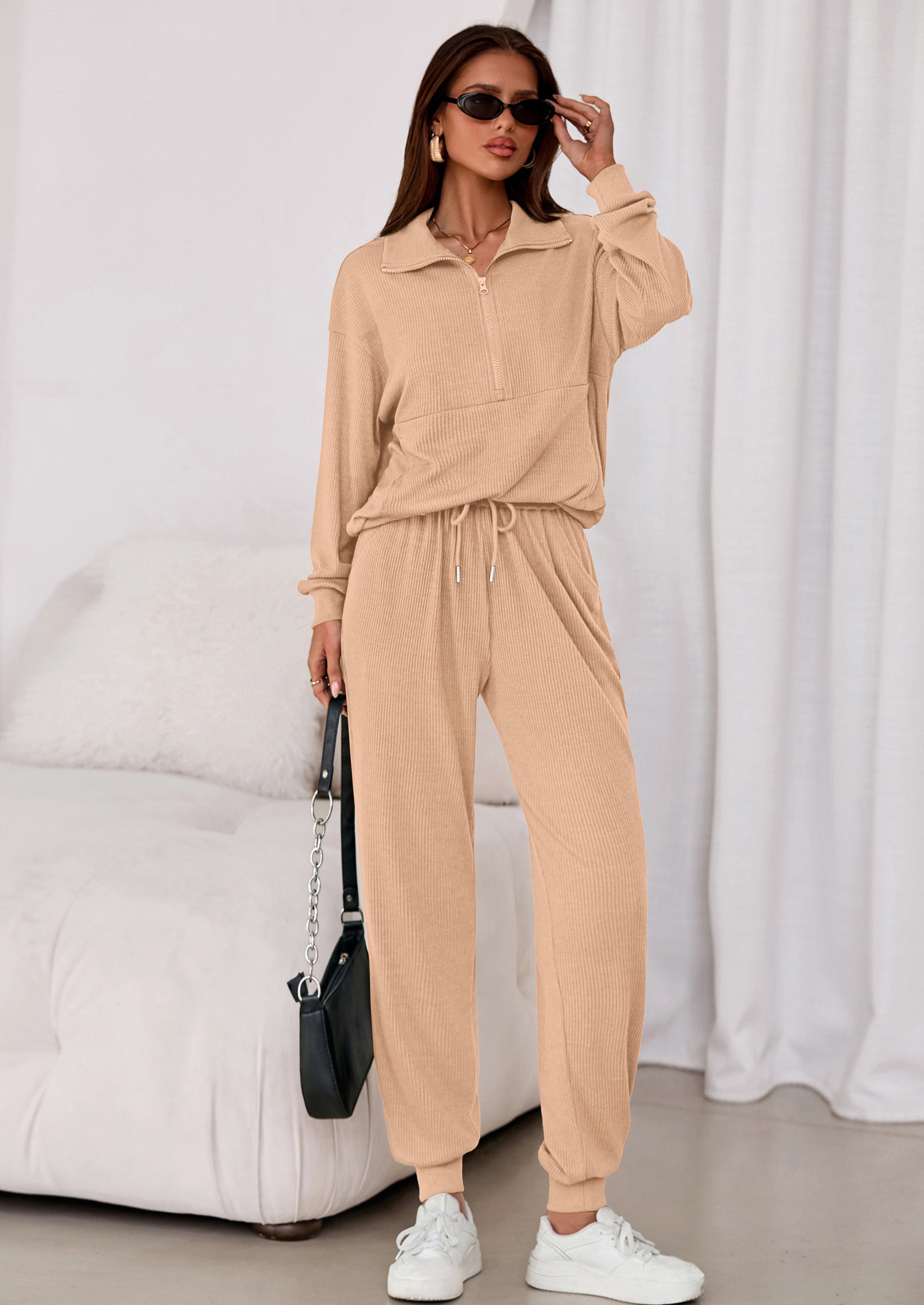 Women's Fall 2 Piece Lounge Sets Zip Up Sweatshirt Jogger Pants Sweat Track Suits Travel Outfit Winter Clothing