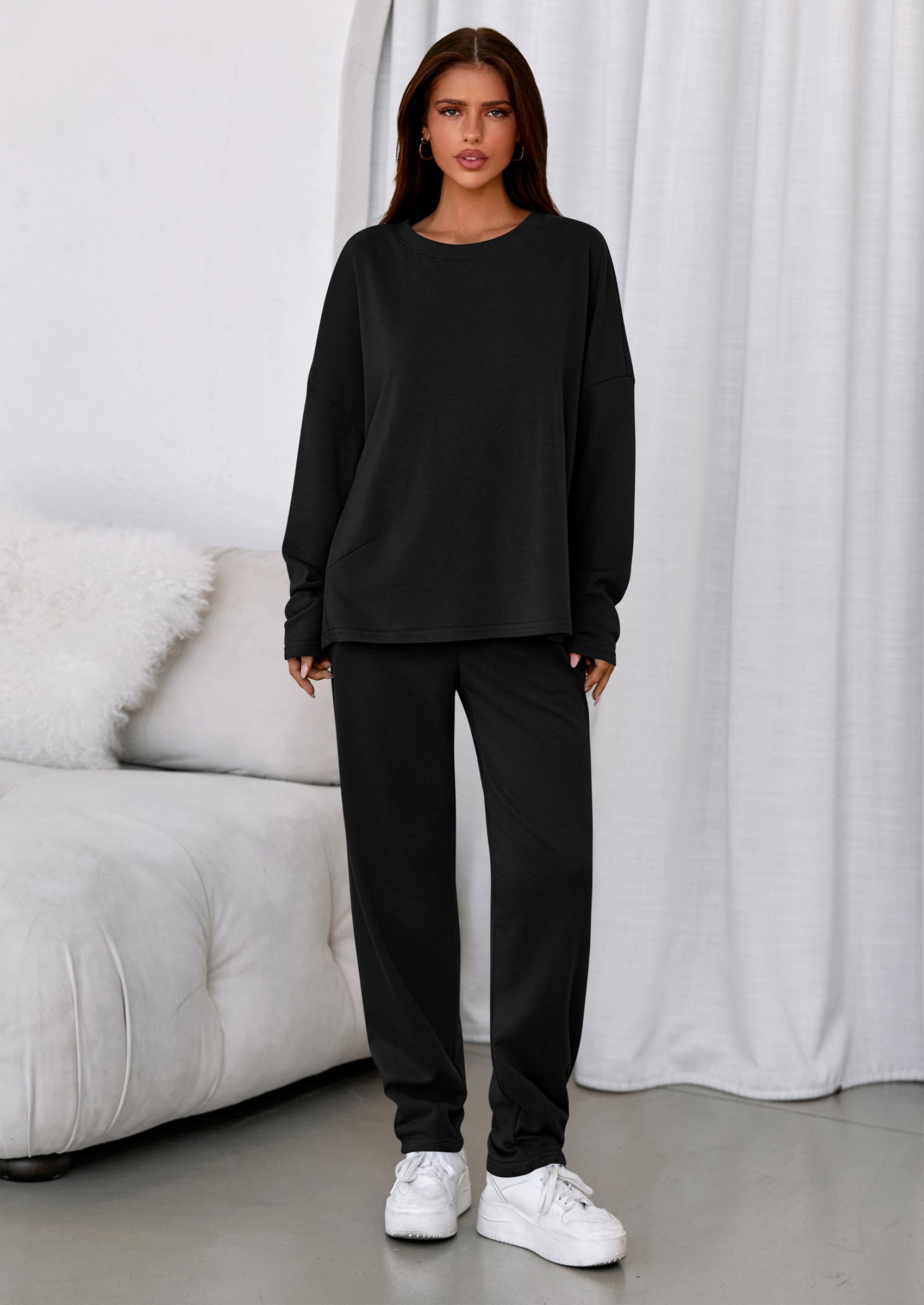 Womens 2 Piece Matching Lounge Sets Fall Long Sleeve Boatneck Sweatsuit Drawstring Sweatpants Pockets