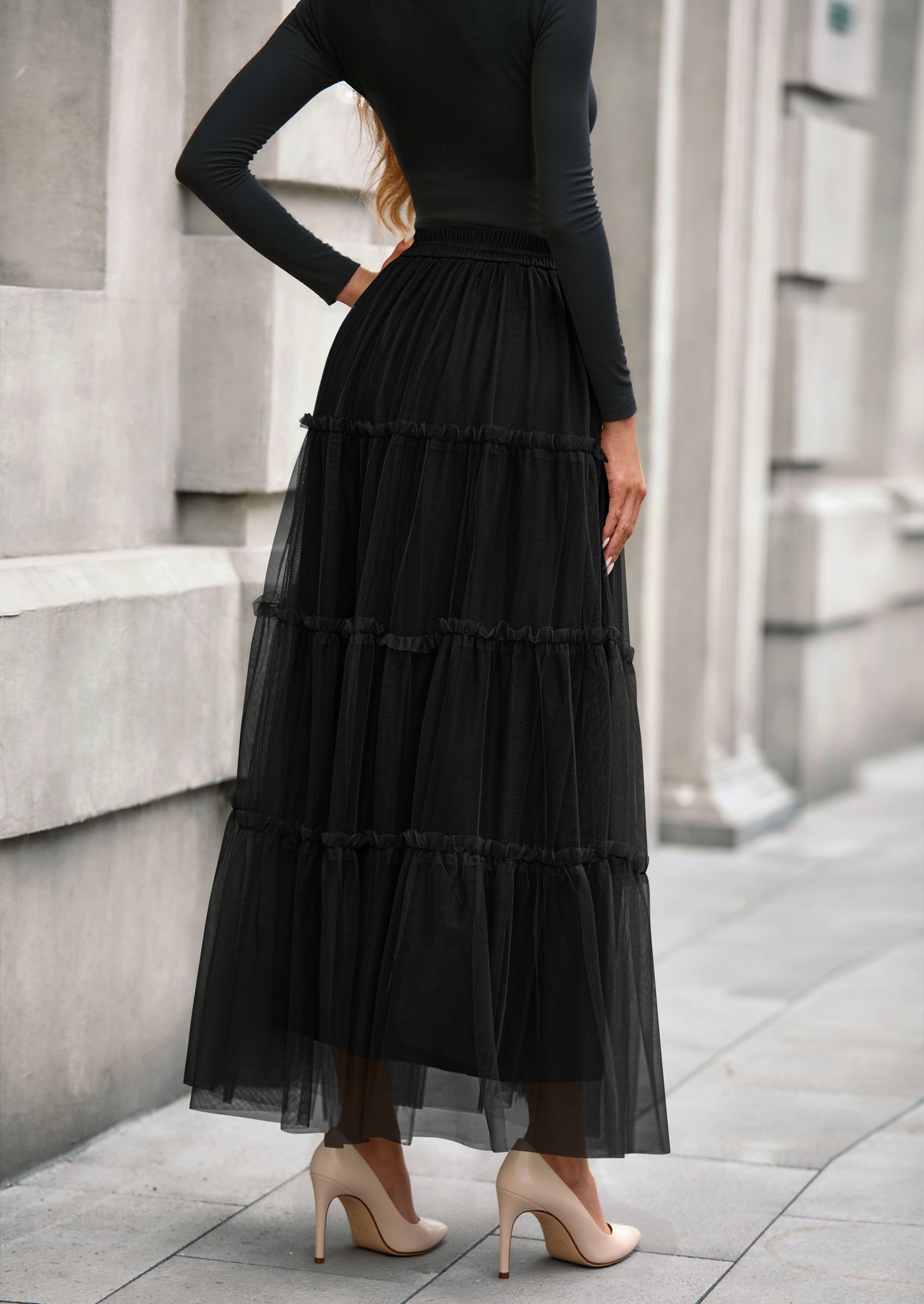Maxi Skirts for Women Fall Tulle High Waisted Ruffle Flowy A-Line Long Skirt Country Concert Outfits