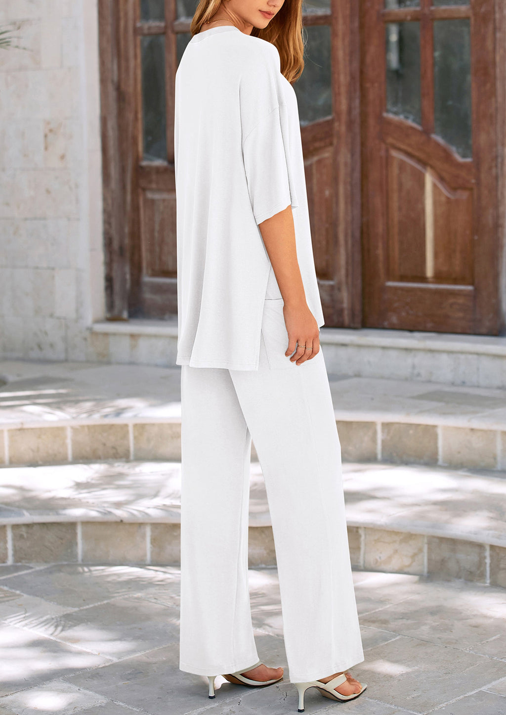 Women's 2 Piece Outfits Casual Short Sleeve Pullover Tops and Wide Leg Pants Lounge Sets Tracksuits