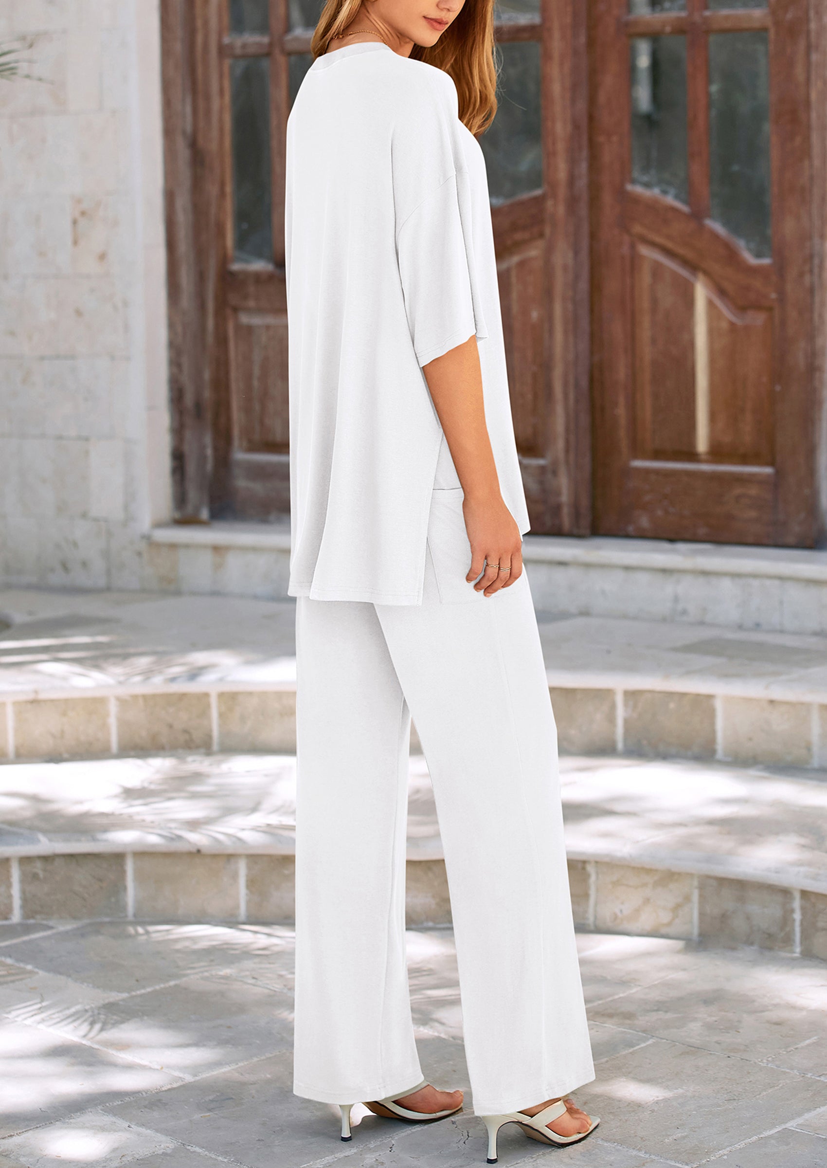 Women's 2 Piece Outfits Casual Short Sleeve Pullover Tops and Wide Leg Pants Lounge Sets Tracksuits