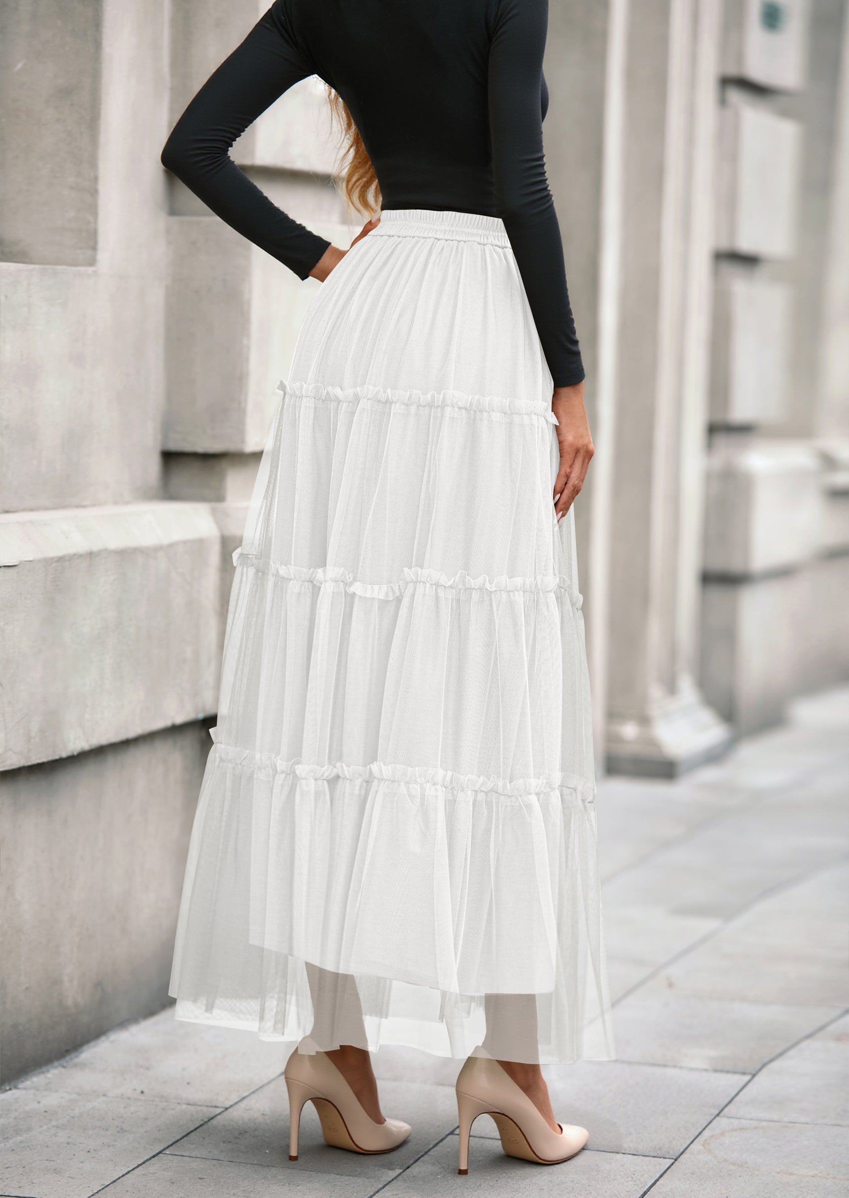 Maxi Skirts for Women Fall Tulle High Waisted Ruffle Flowy A-Line Long Skirt Country Concert Outfits
