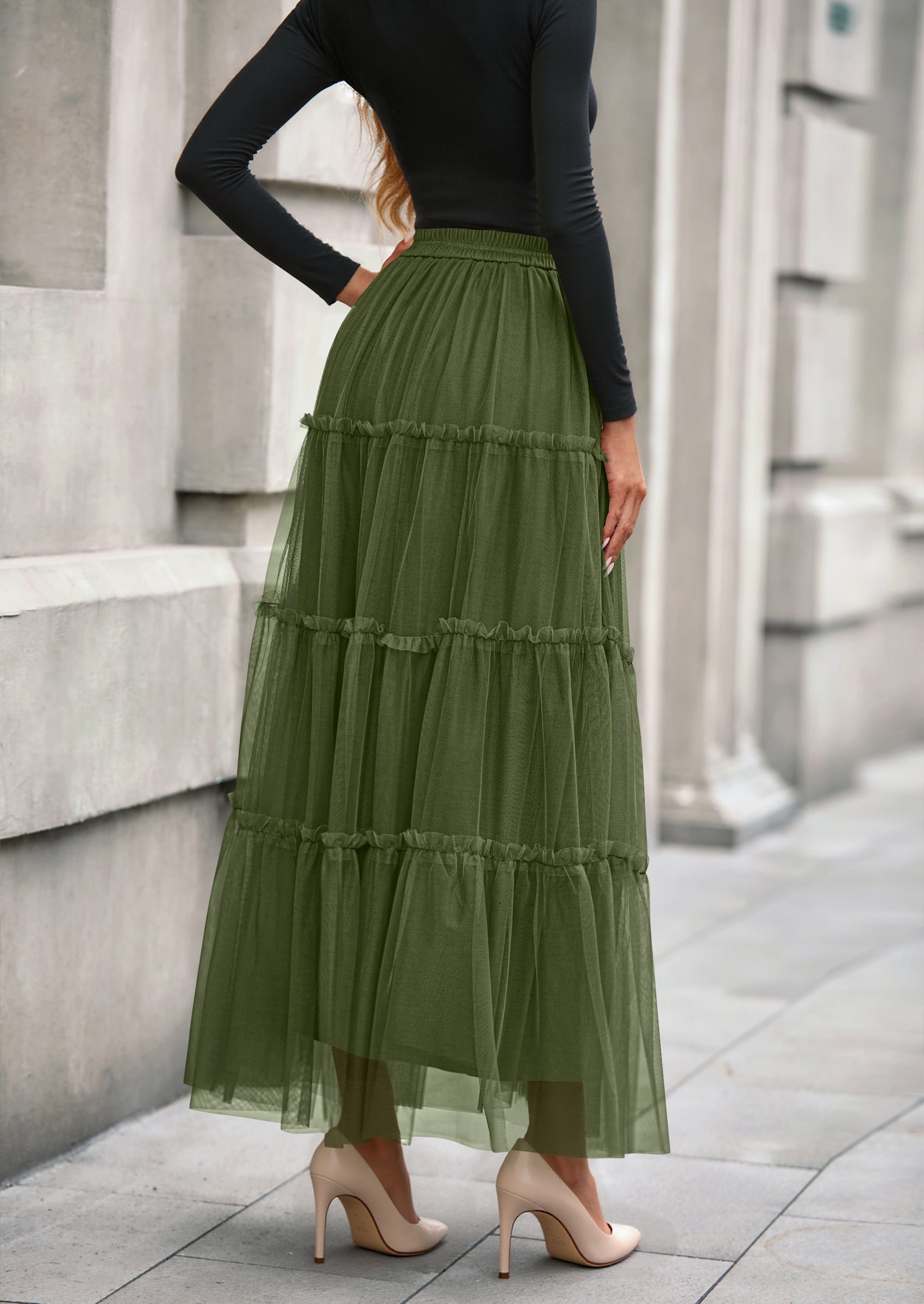 Maxi Skirts for Women Fall Tulle High Waisted Ruffle Flowy A-Line Long Skirt Country Concert Outfits
