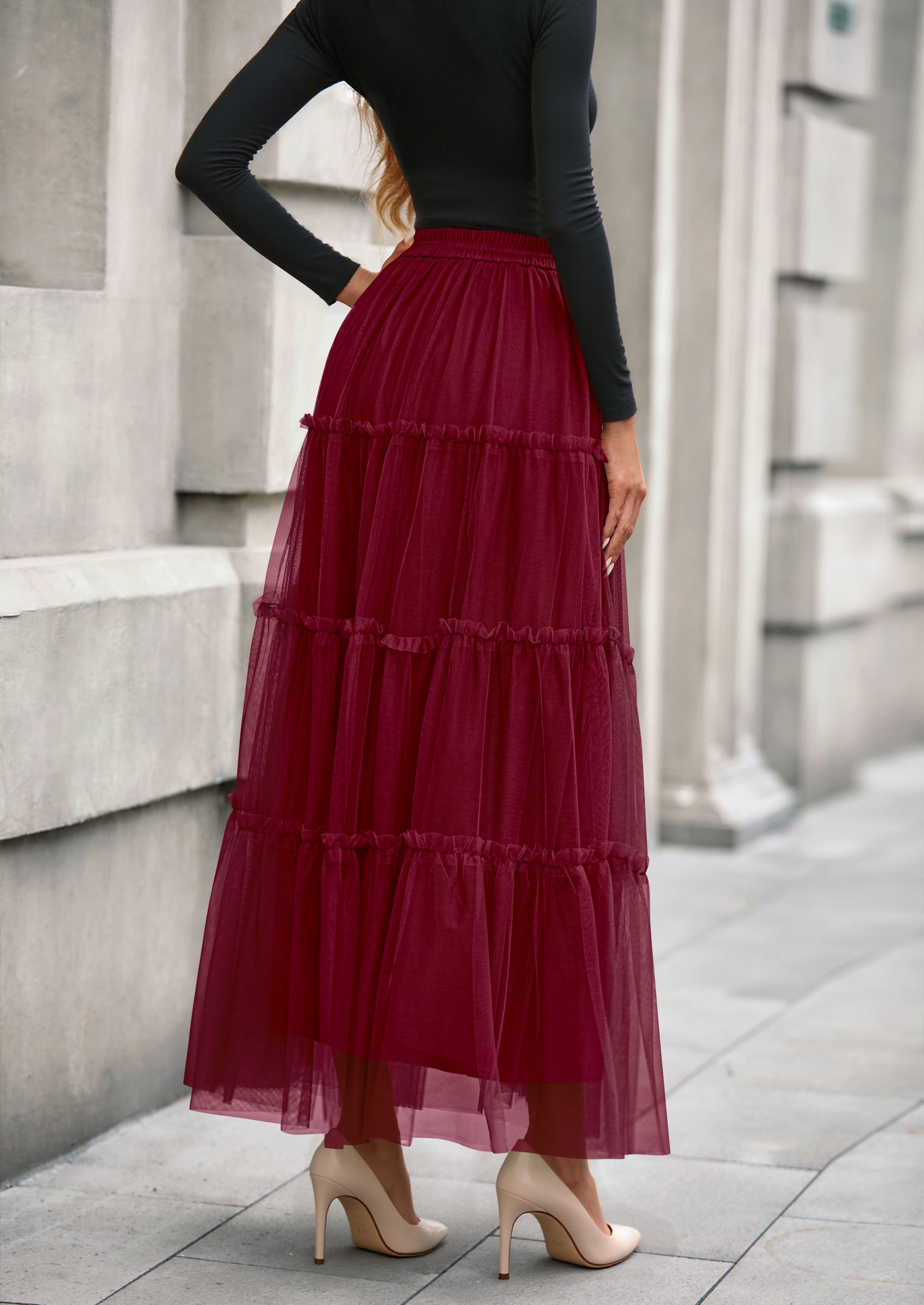 Maxi Skirts for Women Fall Tulle High Waisted Ruffle Flowy A-Line Long Skirt Country Concert Outfits