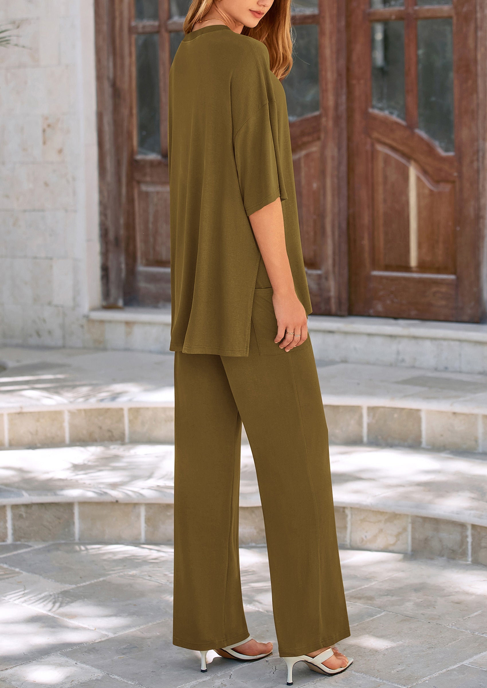 Women's 2 Piece Outfits Casual Short Sleeve Pullover Tops and Wide Leg Pants Lounge Sets Tracksuits