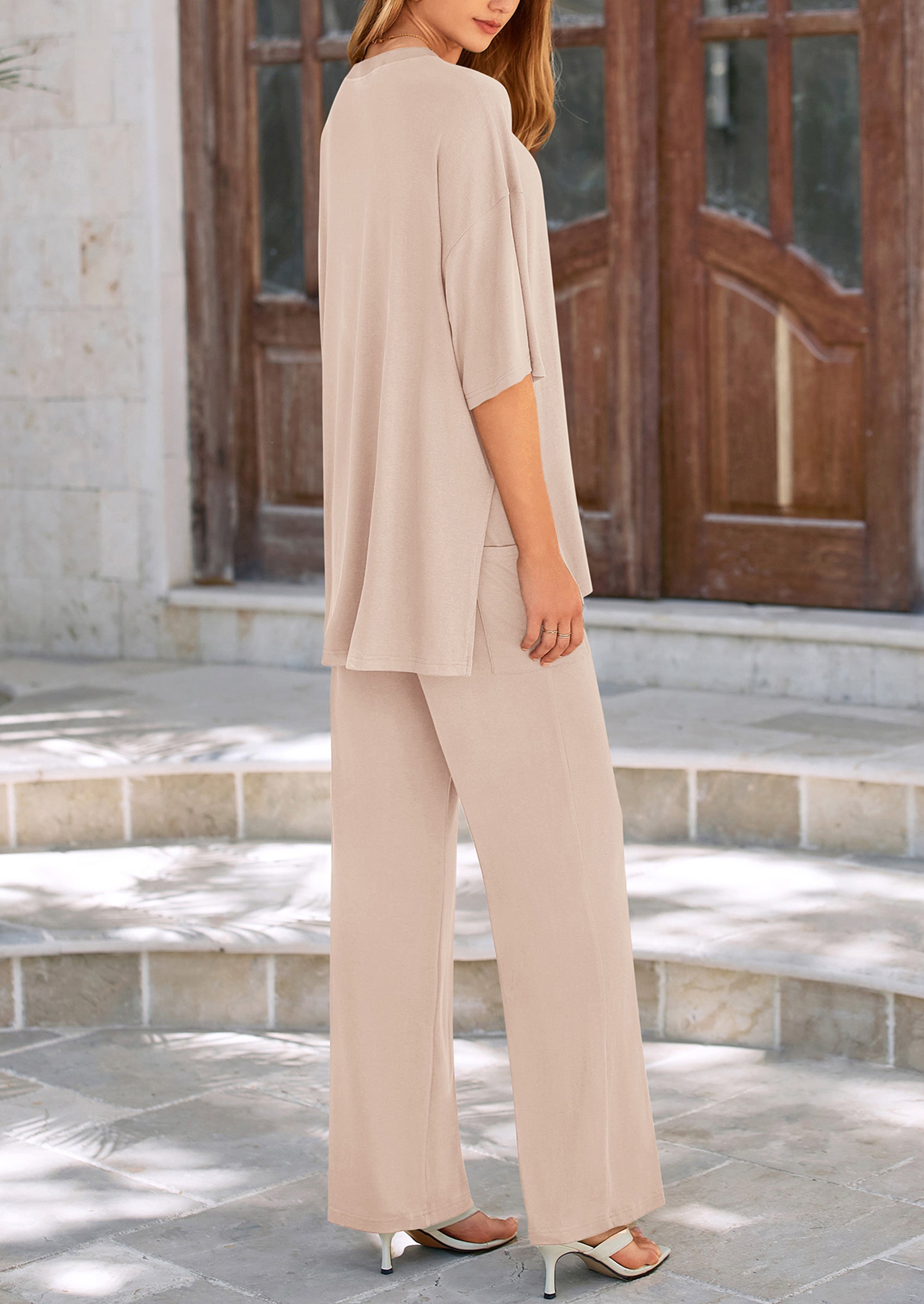 Women's 2 Piece Outfits Casual Short Sleeve Pullover Tops and Wide Leg Pants Lounge Sets Tracksuits