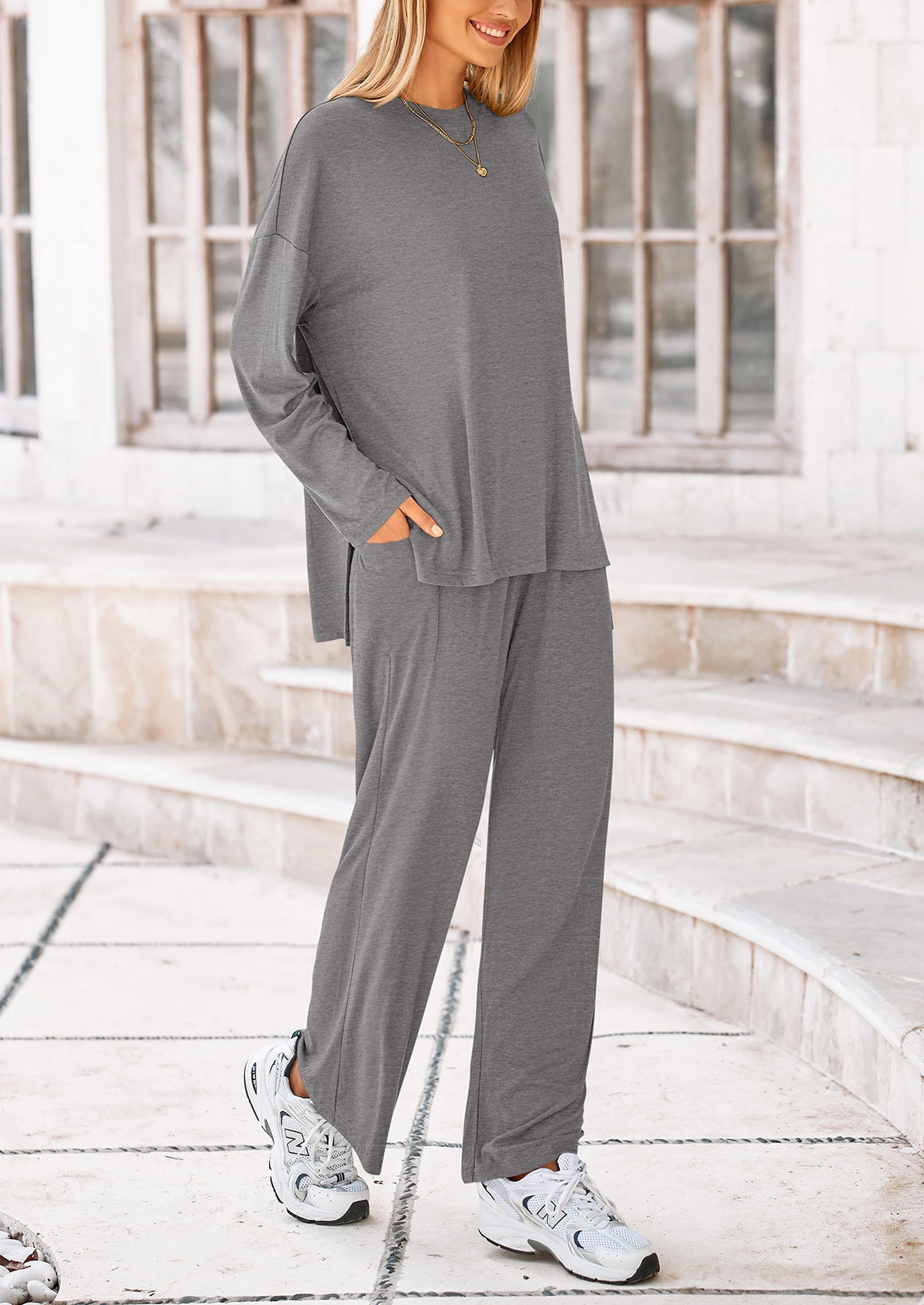 Women's Two Piece Lounge Sets Matching Long Sleeve Shirts Wide Leg Pants Tracksuits Travel Outfits Fall Clothes