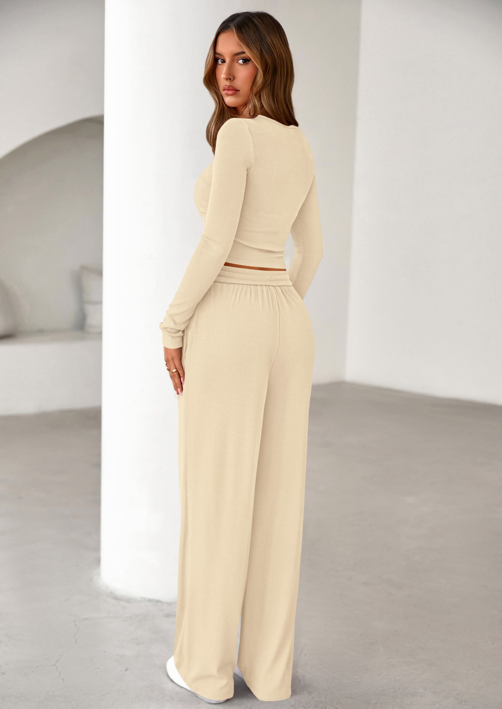 Women's Fall Trendy 2 Piece Outfits Lounge Sets Long Sleeve Top Henley Shirts Wide Leg Pants Travel Clothes