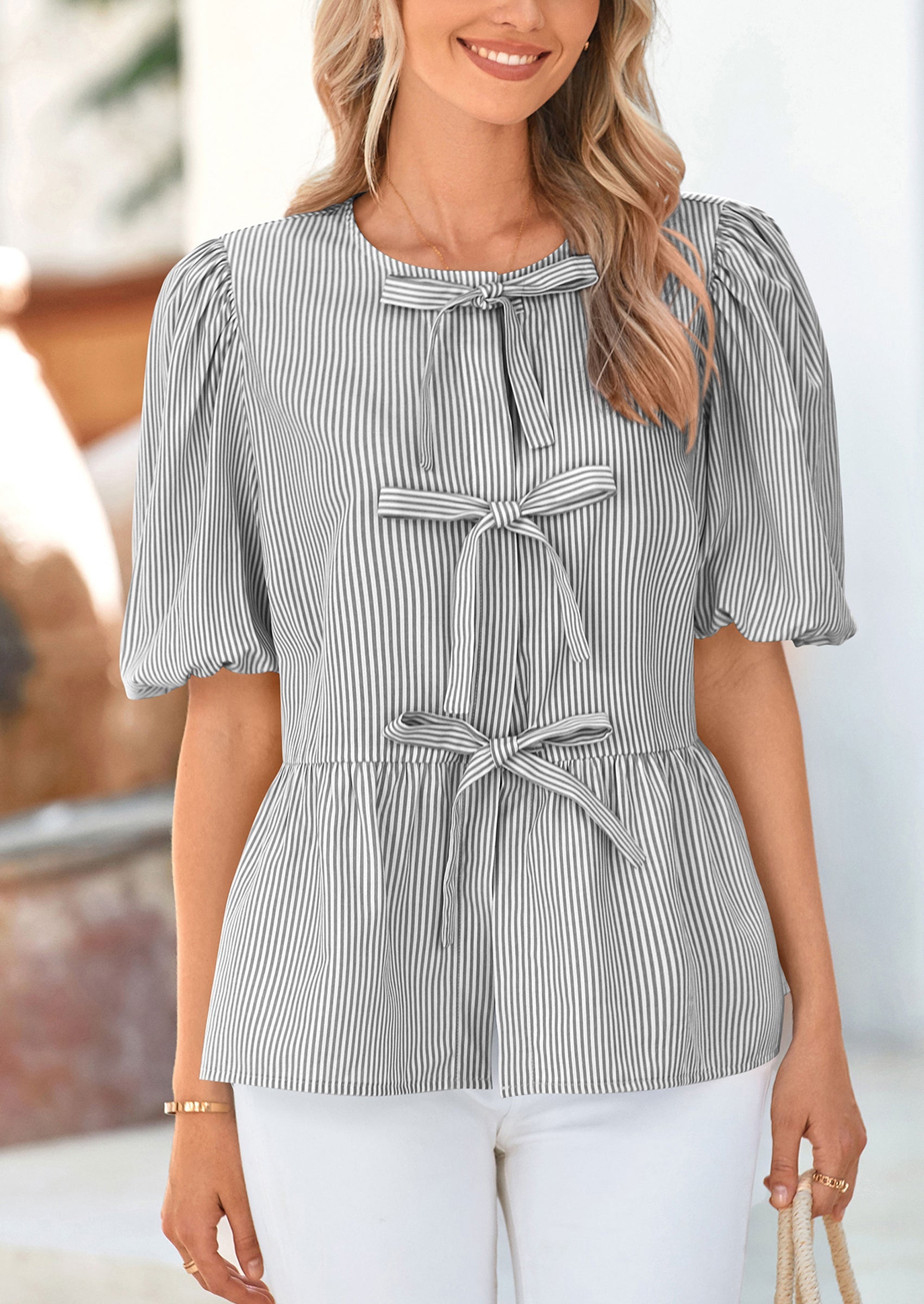 Women's Tie Front Striped Shirt Summer Trendy Fashion Cute Babydoll Tops Peplum Puffy Sleeve Blouse