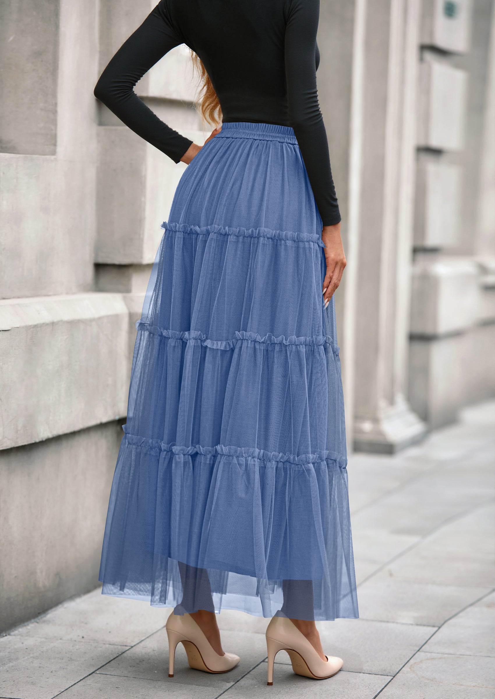 Maxi Skirts for Women Fall Tulle High Waisted Ruffle Flowy A-Line Long Skirt Country Concert Outfits