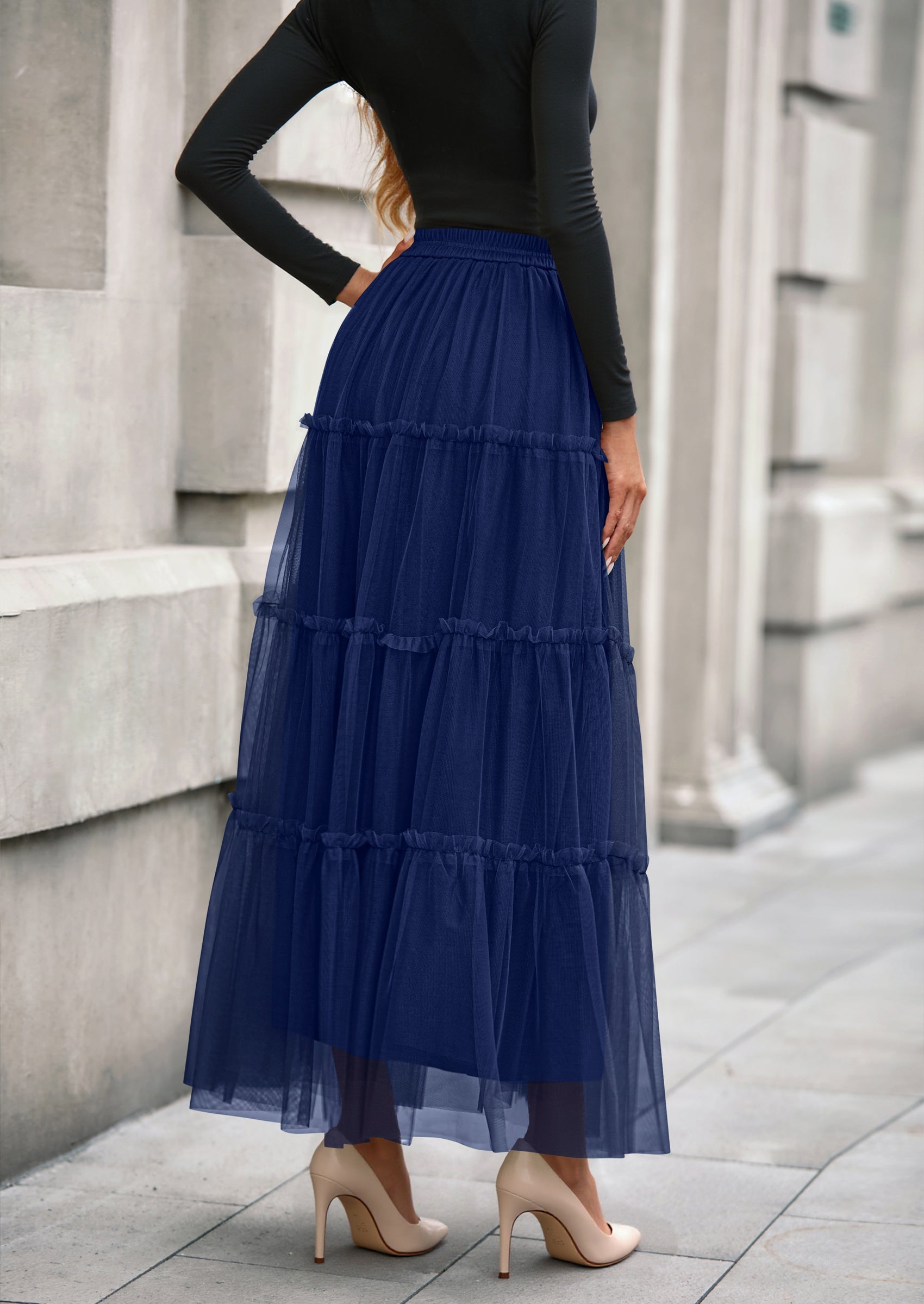 Maxi Skirts for Women Fall Tulle High Waisted Ruffle Flowy A-Line Long Skirt Country Concert Outfits