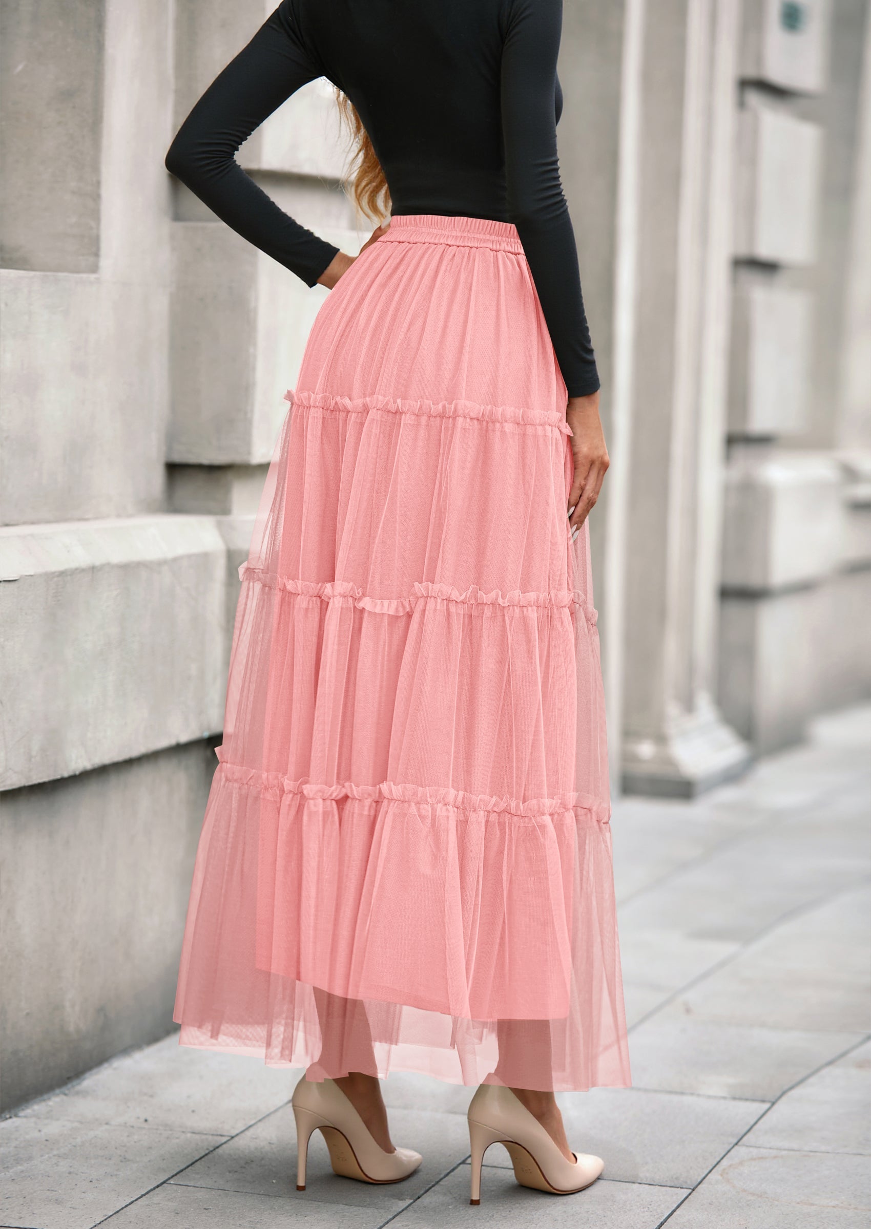 Maxi Skirts for Women Fall Tulle High Waisted Ruffle Flowy A-Line Long Skirt Country Concert Outfits