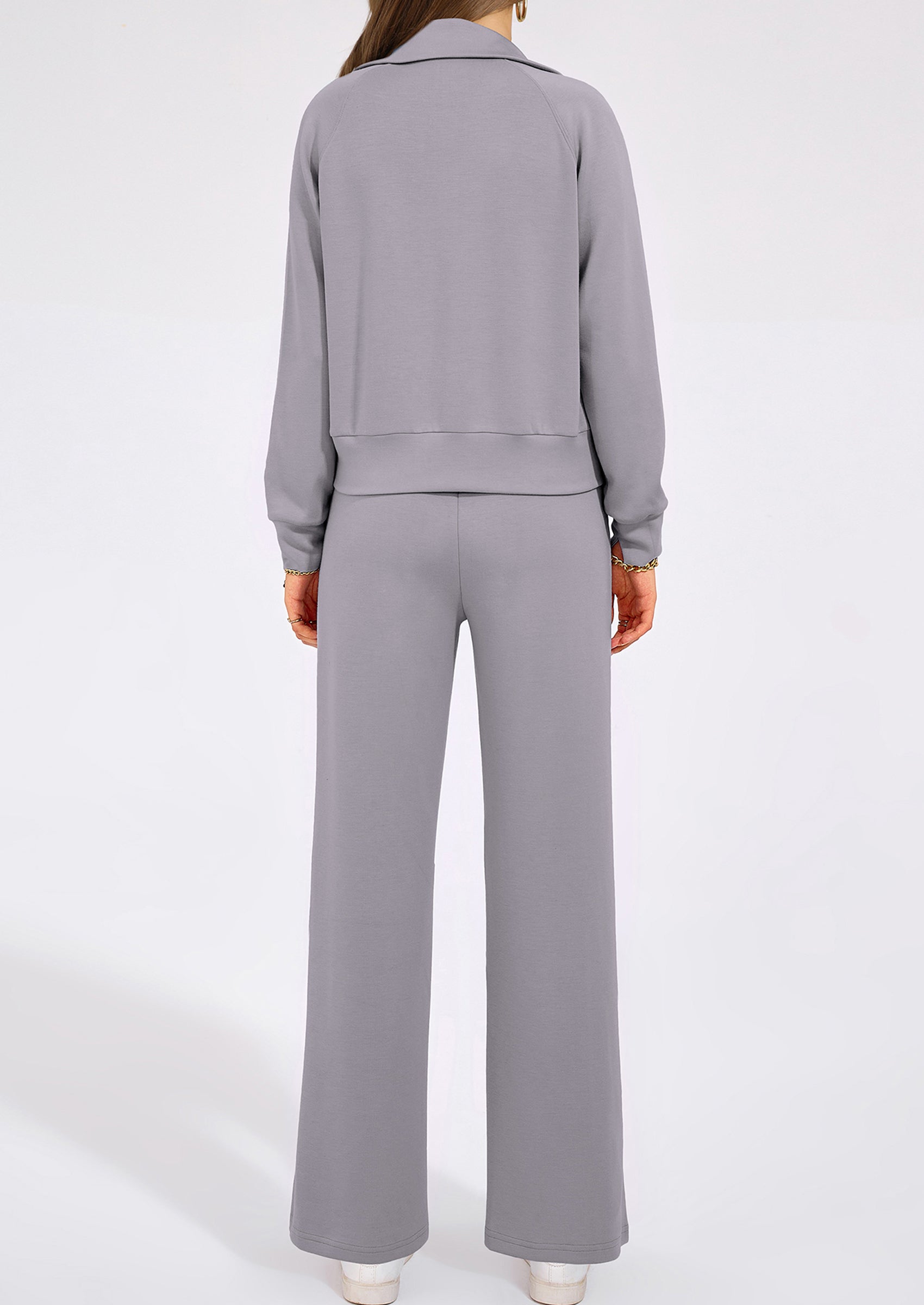 Women's 2 Piece Outfits Casual Lapel Half Zip Sweatshirts And Wide Leg Pants Tracksuit Sets