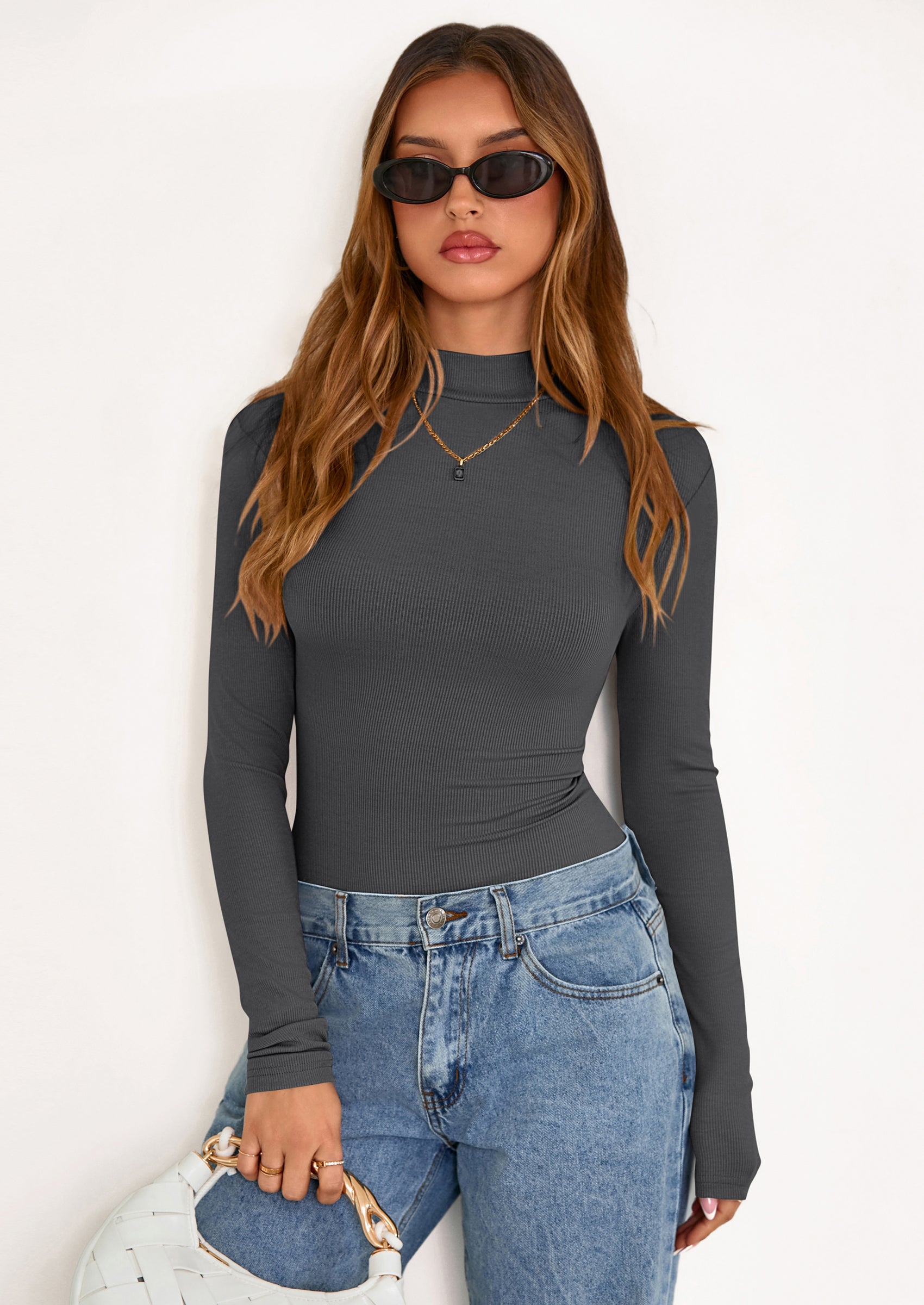 Women's Turtleneck Long Sleeve Shirts Fall Basic Tees Ribbed Fitted Tops Thermal Layering Knit Top Clothes