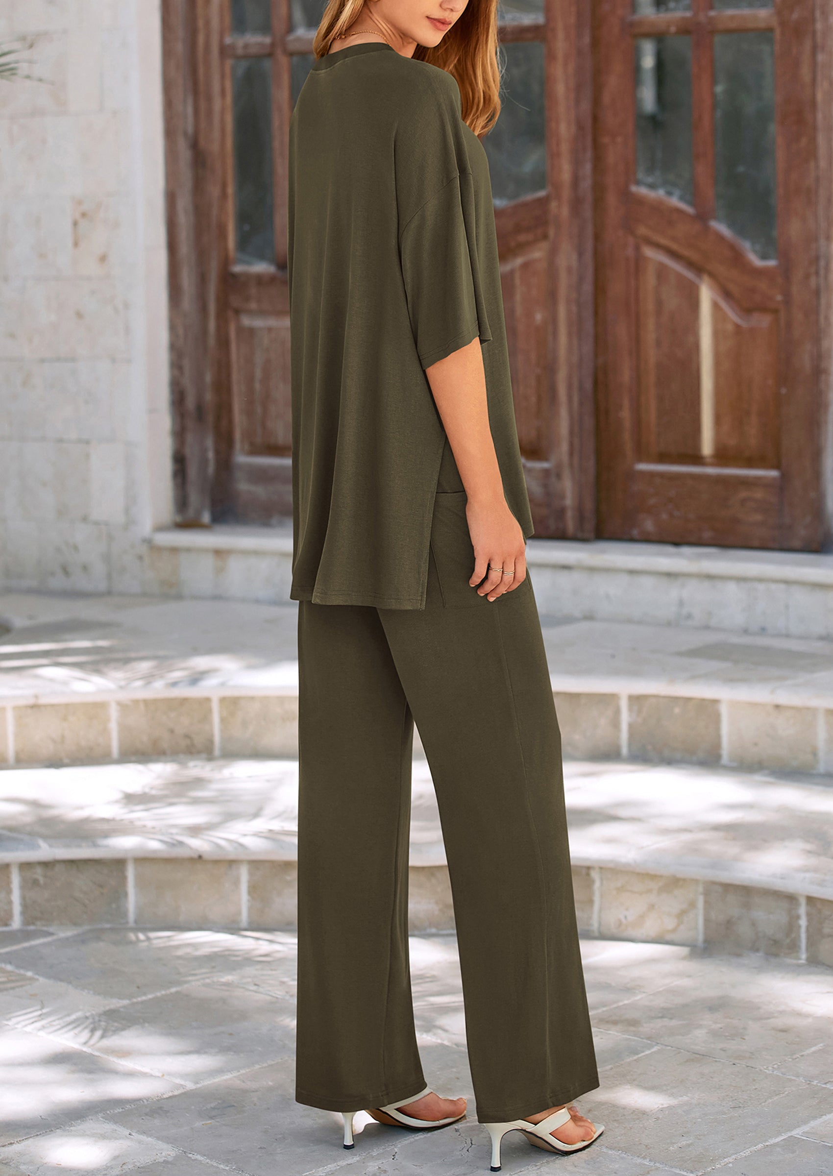 Women's 2 Piece Outfits Casual Short Sleeve Pullover Tops and Wide Leg Pants Lounge Sets Tracksuits