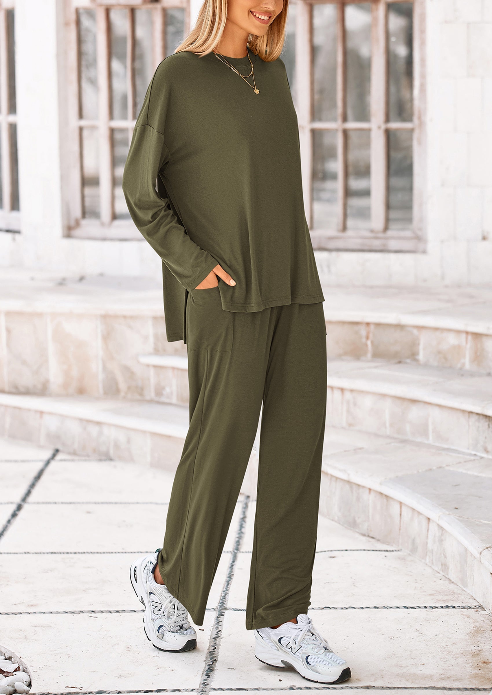 Women's 2 Piece Outfits Casual Short Sleeve Pullover Tops and Wide Leg Pants Lounge Sets Tracksuits