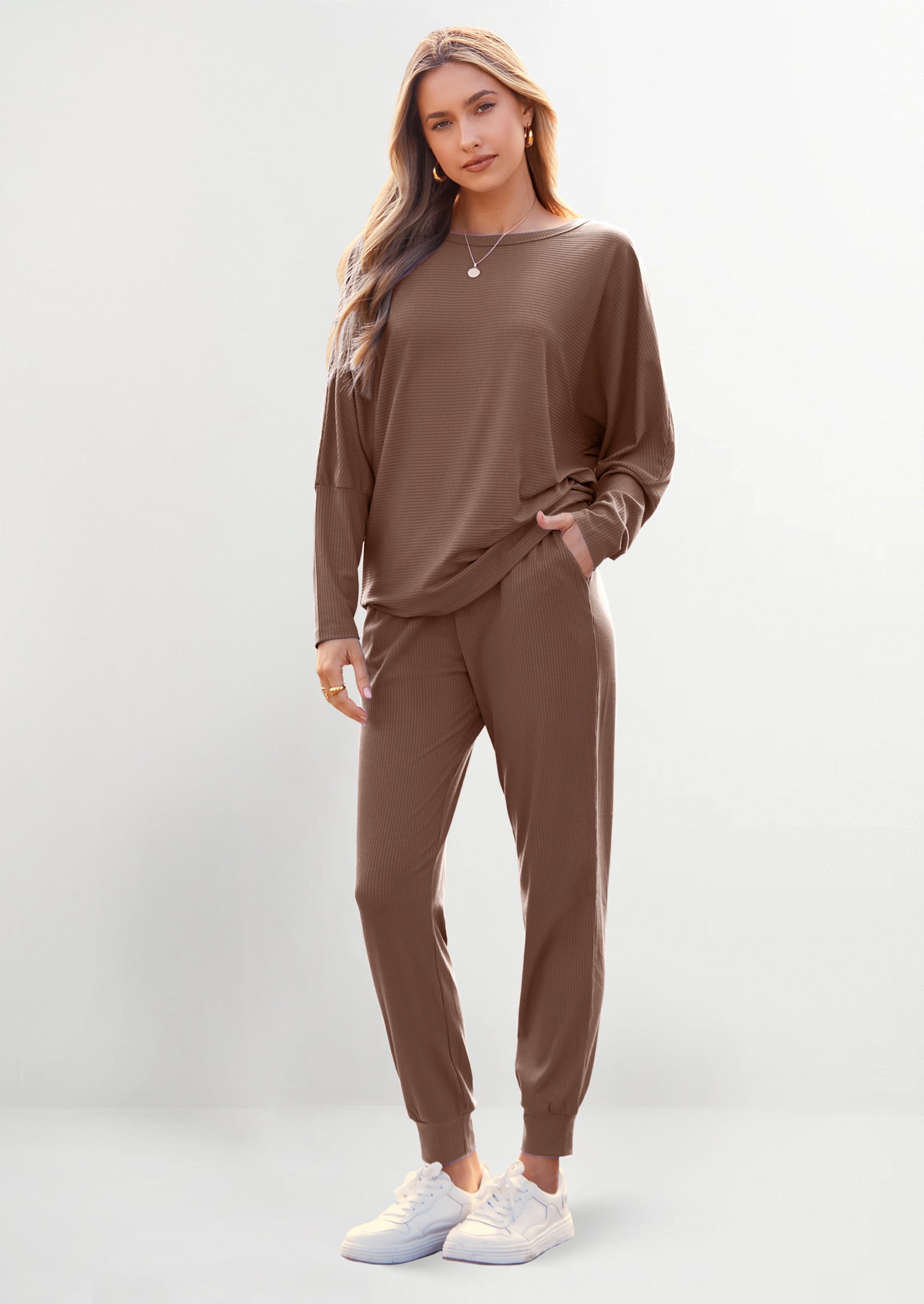 Women's Fall 2 Piece Lounge Set Long Sleeve Tops Ribbed Pants Spring Matching Sweatsuit Travel Outfits Clothes
