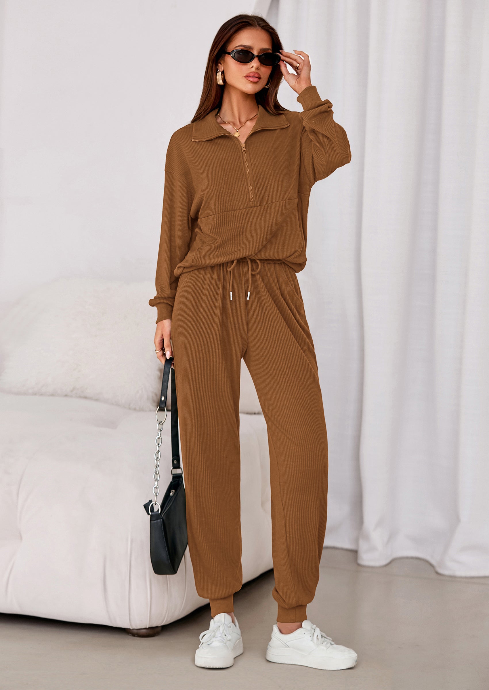 Women's Fall 2 Piece Lounge Sets Zip Up Sweatshirt Jogger Pants Sweat Track Suits Travel Outfit Winter Clothing