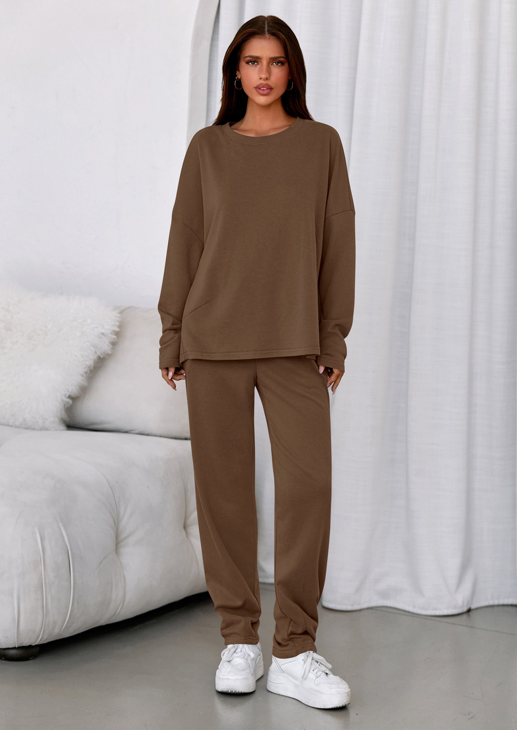 Womens 2 Piece Matching Lounge Sets Fall Long Sleeve Boatneck Sweatsuit Drawstring Sweatpants Pockets