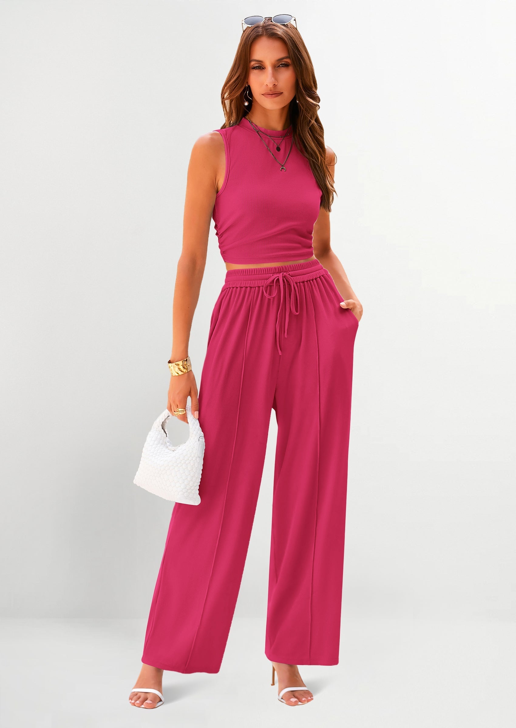 2 Piece Sets Sleeveless Tank Ribbed Travel Vacation Lounge Wear Outfits