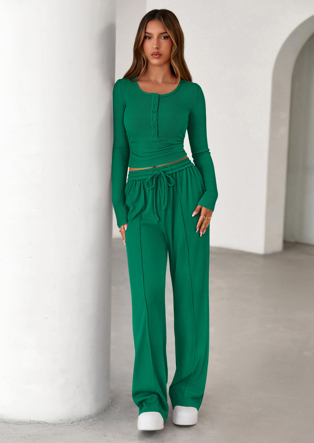Women's Fall Trendy 2 Piece Outfits Lounge Sets Long Sleeve Top Henley Shirts Wide Leg Pants Travel Clothes