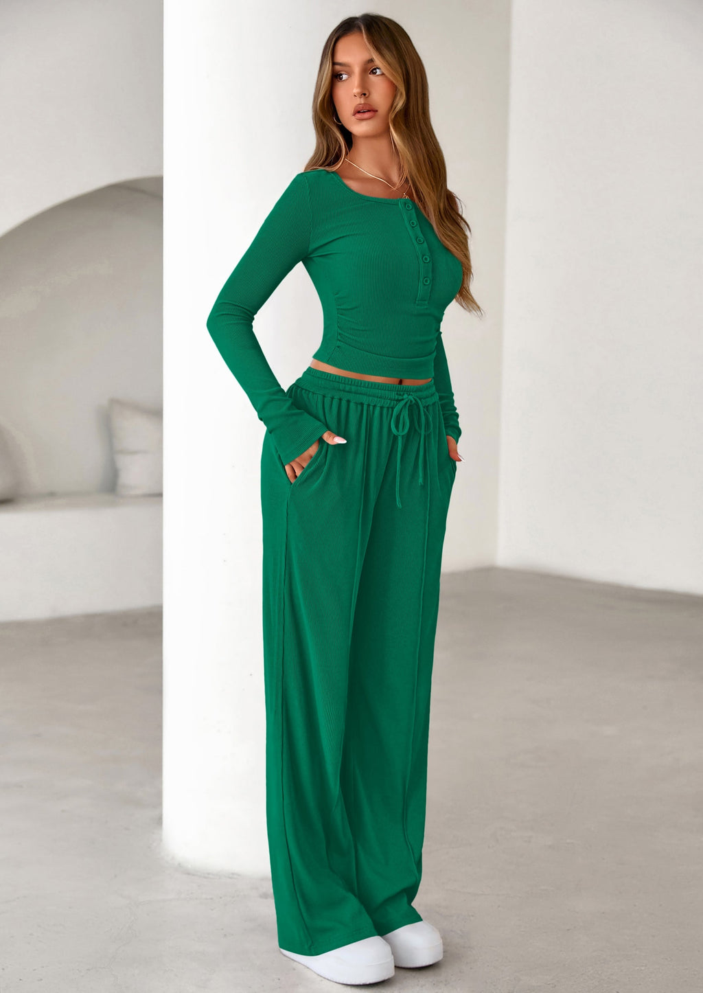 Women's Fall Trendy 2 Piece Outfits Lounge Sets Long Sleeve Top Henley Shirts Wide Leg Pants Travel Clothes