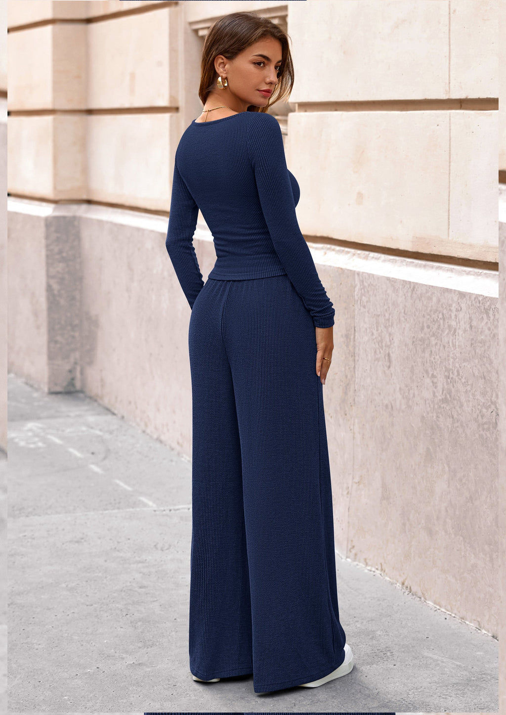 Women's 2 Piece Lounge Sets Fall Fashion Long Sleeve Crop Top Wide Leg Pants Matching Sets Clothing