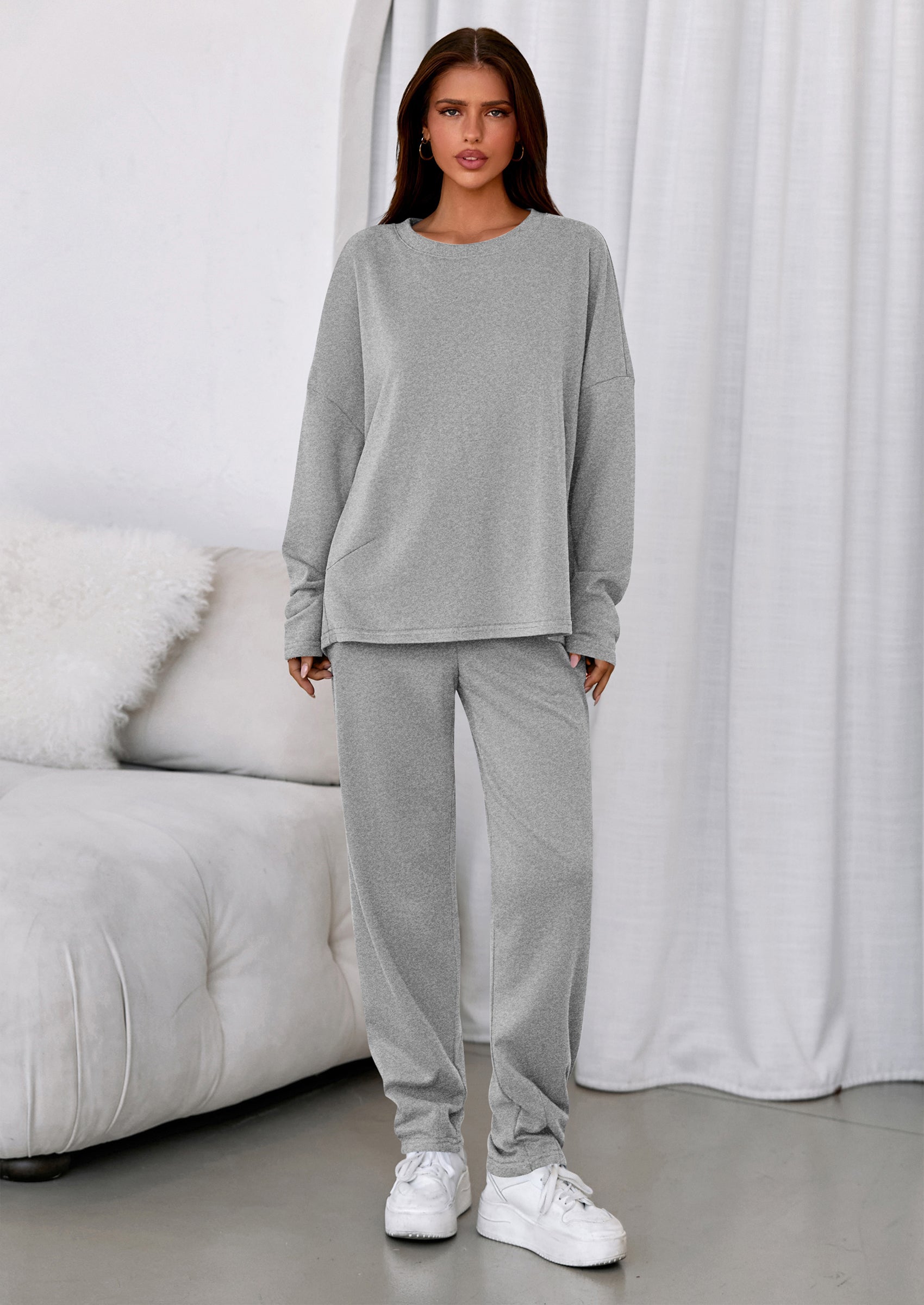 Womens 2 Piece Matching Lounge Sets Fall Long Sleeve Boatneck Sweatsuit Drawstring Sweatpants Pockets