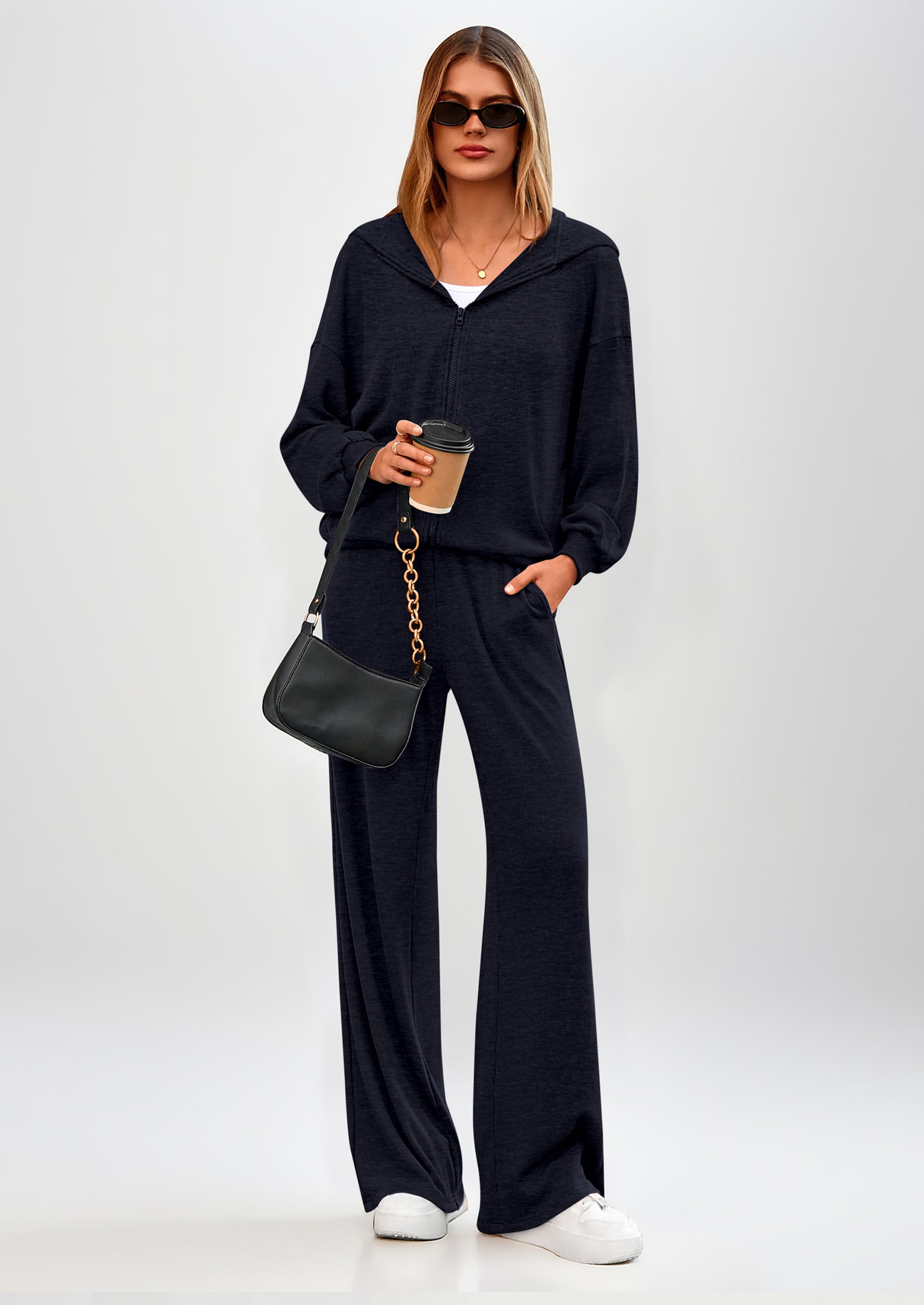 Women's 2 Piece Fall Lounge Sets Zip Up Hoodie Wide Leg Pants Tracksuit Matching Travel Outfits Clothes