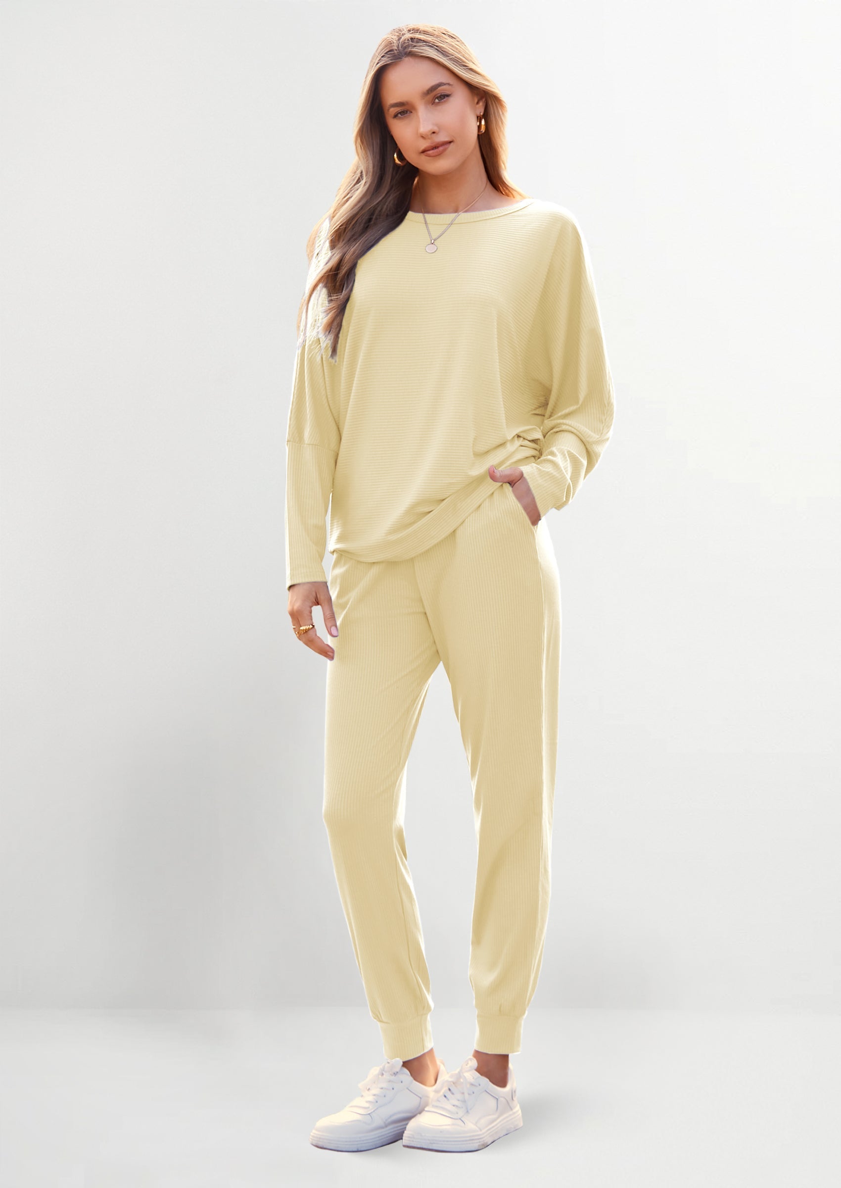 Women's Fall 2 Piece Lounge Set Long Sleeve Tops Ribbed Pants Spring Matching Sweatsuit Travel Outfits Clothes