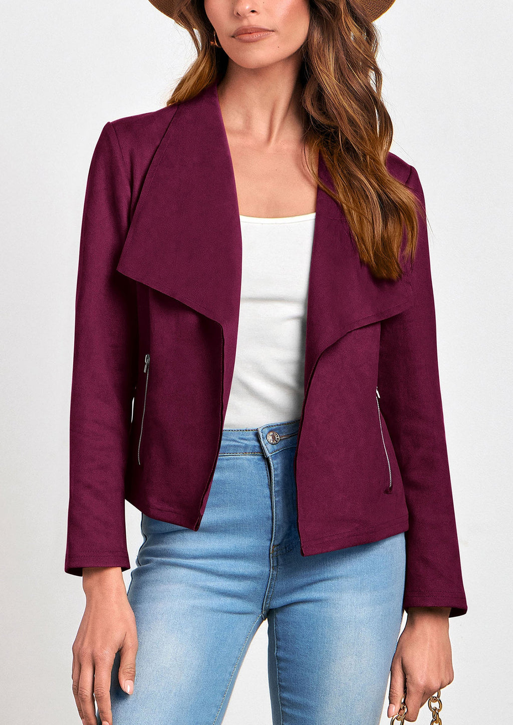 Women's Faux Suede Jackets Fashion Fall Clothes Long Sleeve Open Front Cropped Coat Outwear