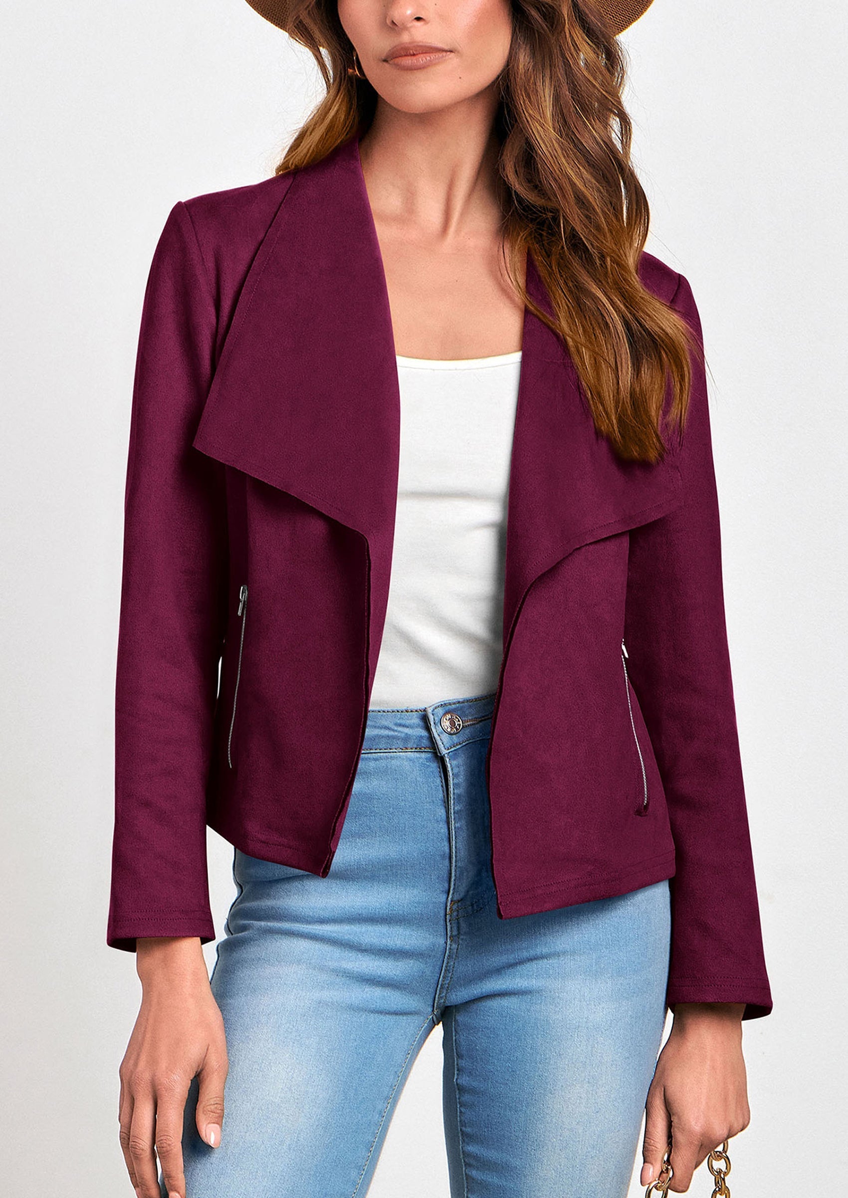 Women's Faux Suede Jackets Fashion Fall Clothes Long Sleeve Open Front Cropped Coat Outwear