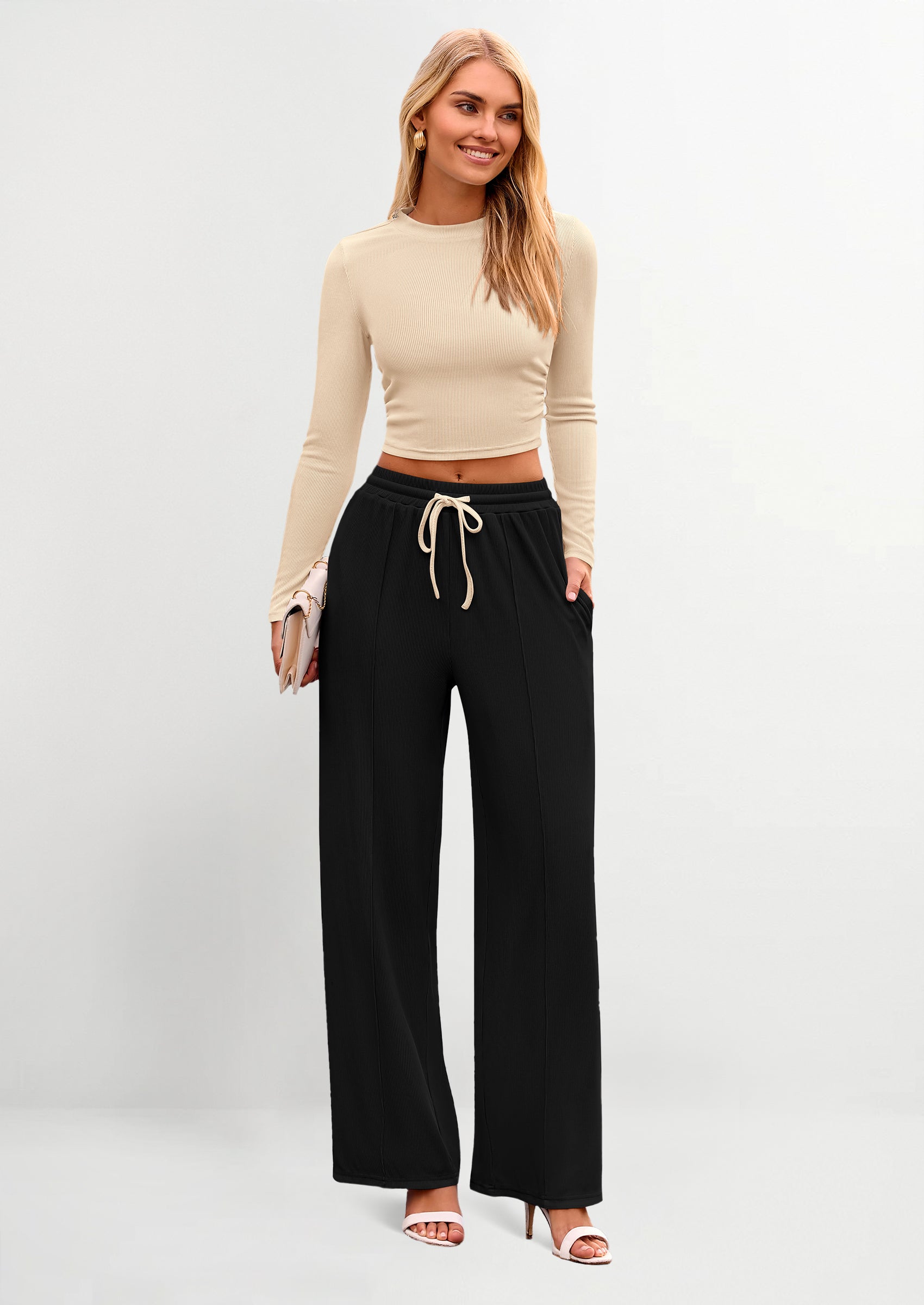 Women's 2 Piece Loungewear Long Sleeve Crop Top Wide Leg Palazzo Pants Set Tracksuits Casual Outfit
