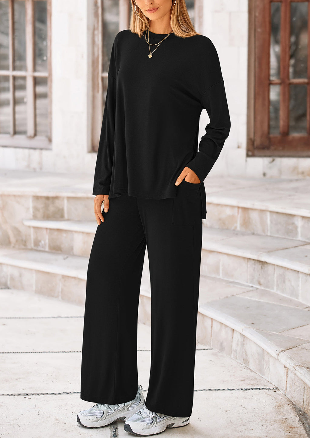 Women's Two Piece Lounge Sets Matching Long Sleeve Shirts Wide Leg Pants Tracksuits Travel Outfits Fall Clothes