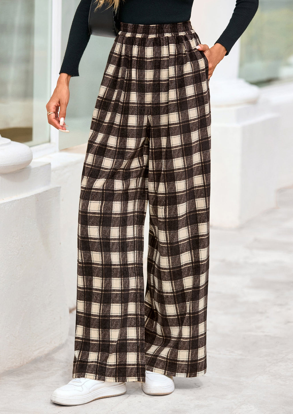Casual Women's Pants Elastic Waist Palazzo Long Stretchy Wide Leg Trousers Knit Fall Outfits with Pockets