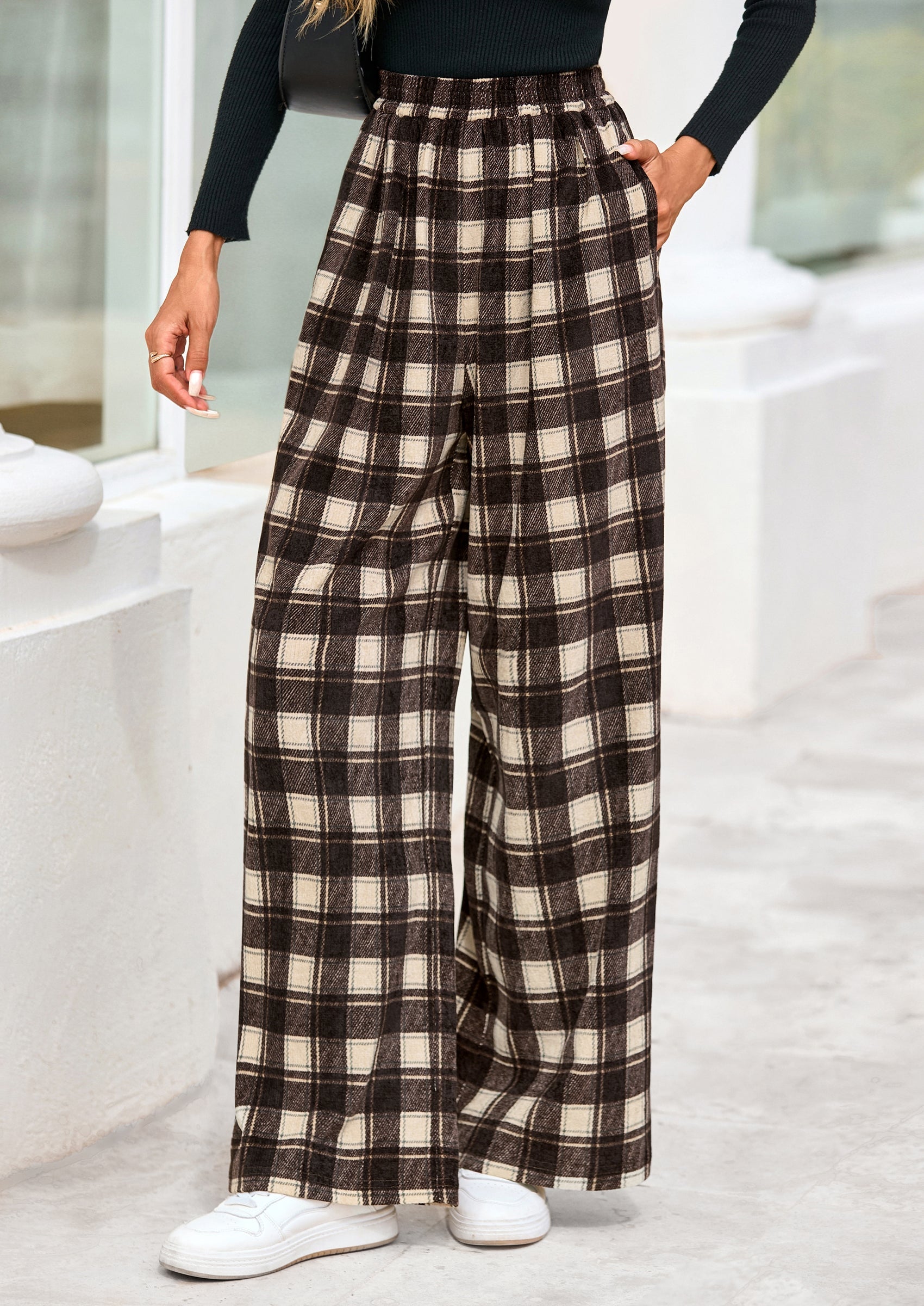 Casual Women's Pants Elastic Waist Palazzo Long Stretchy Wide Leg Trousers Knit Fall Outfits with Pockets