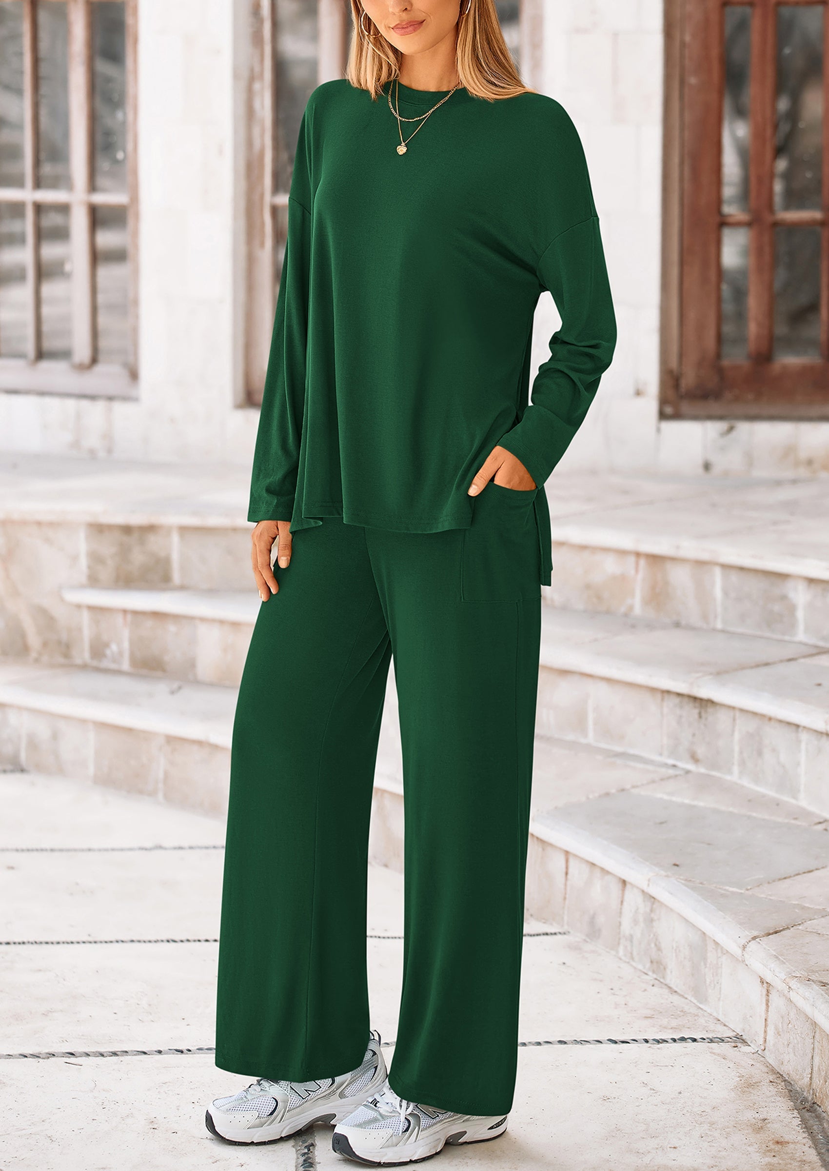 Women's Two Piece Lounge Sets Matching Long Sleeve Shirts Wide Leg Pants Tracksuits Travel Outfits Fall Clothes