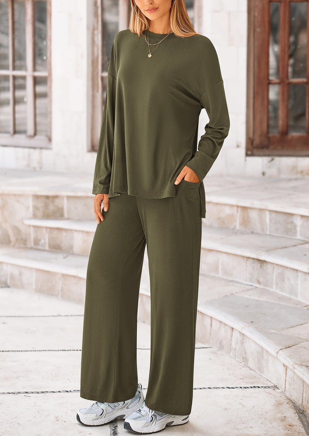 Women's Two Piece Lounge Sets Matching Long Sleeve Shirts Wide Leg Pants Tracksuits Travel Outfits Fall Clothes