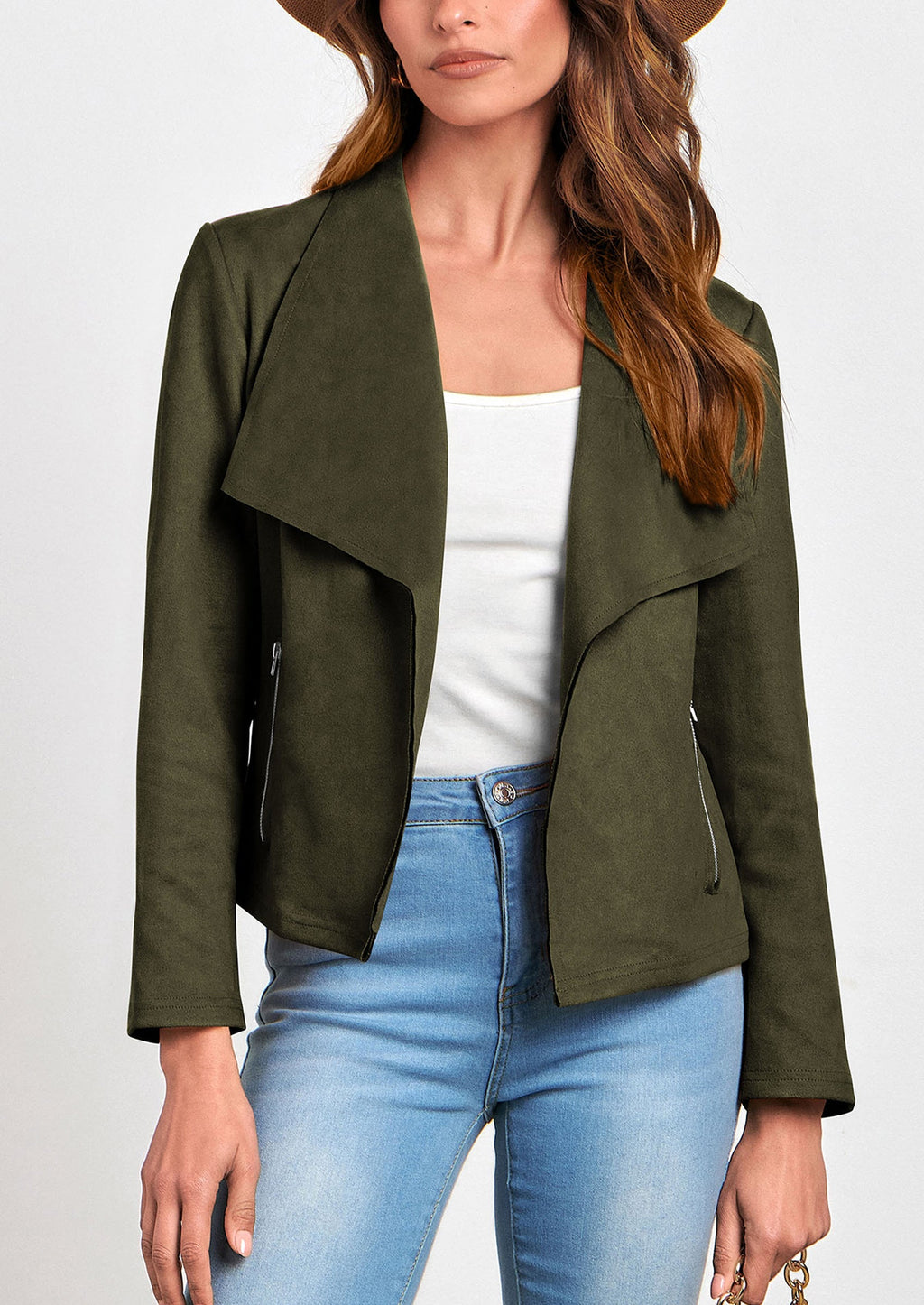 Women's Faux Suede Jackets Fashion Fall Clothes Long Sleeve Open Front Cropped Coat Outwear