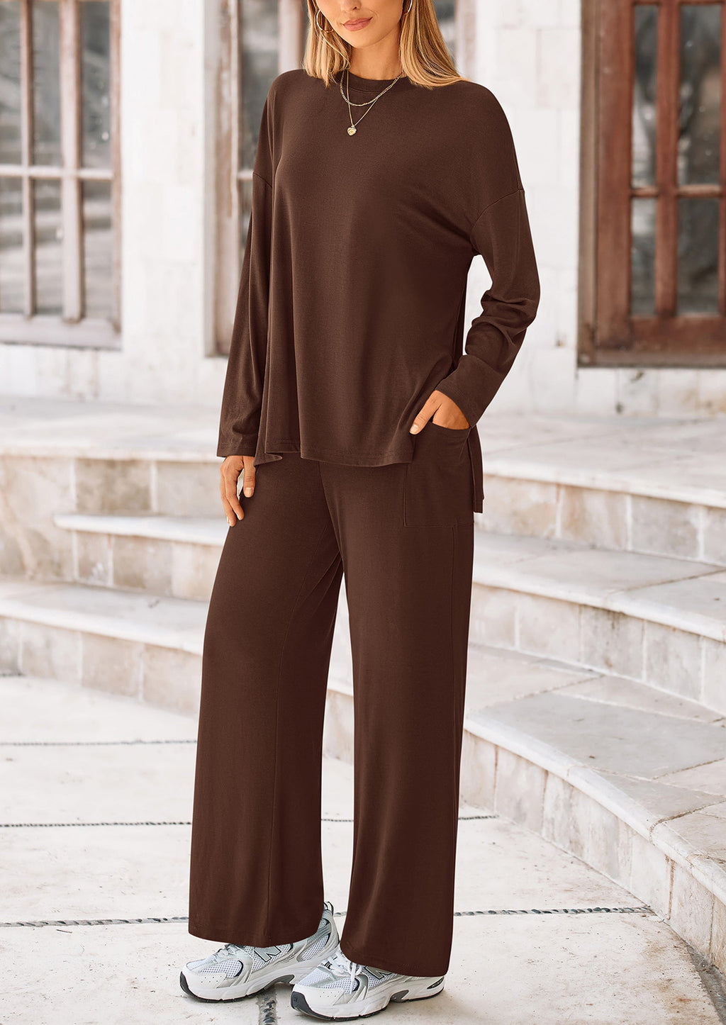 Women's Two Piece Lounge Sets Matching Long Sleeve Shirts Wide Leg Pants Tracksuits Travel Outfits Fall Clothes