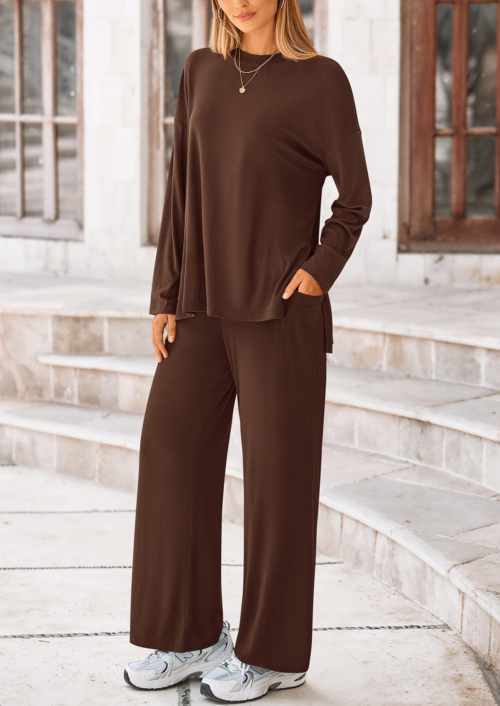 Women's Two Piece Lounge Sets Matching Long Sleeve Shirts Wide Leg Pants Tracksuits Travel Outfits Fall Clothes
