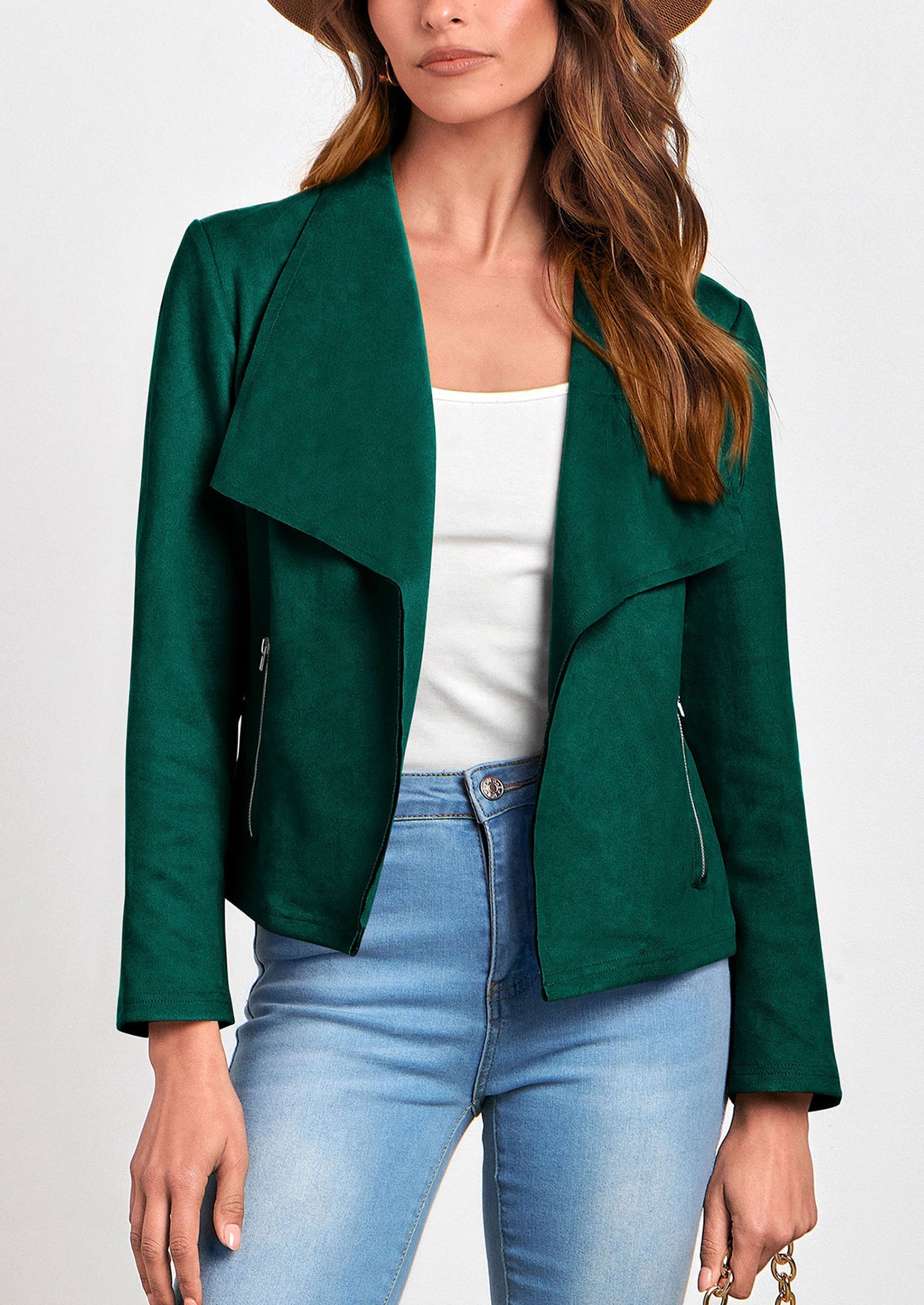 Women's Faux Suede Jackets Fashion Fall Clothes Long Sleeve Open Front Cropped Coat Outwear