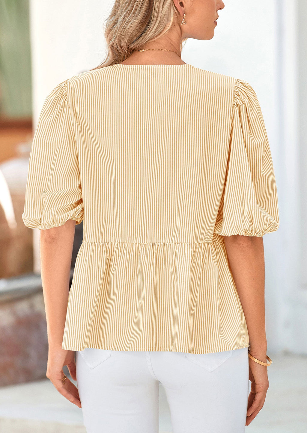 Women's Tie Front Striped Shirt Summer Trendy Fashion Cute Babydoll Tops Peplum Puffy Sleeve Blouse