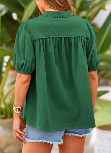 Women's Summer Tops Button Down Shirts Short Lantern Sleeve V Neck Cotton Cute Dressy Casual Blouses