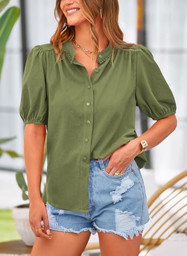 Women's Summer Tops Button Down Shirts Short Lantern Sleeve V Neck Cotton Cute Dressy Casual Blouses